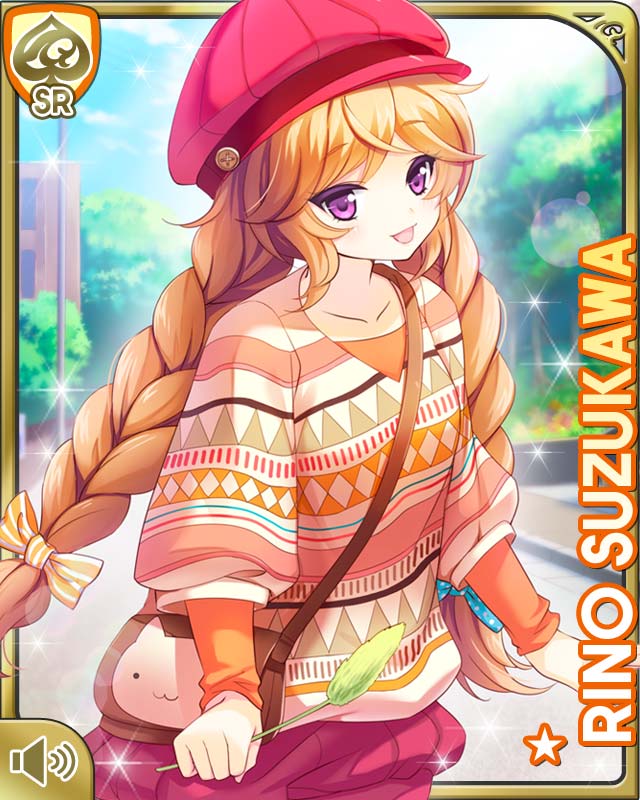 qp:flapper, suzukawa rino, girlfriend (kari), official art, 1girl, :3, animal print, bag, bow, braid, brown bag, brown hair, card (medium), cat print, character name, green bow, hair bow, hat, holding cat teaser, looking at viewer, multicolored sweater, newsboy cap, orange bow, orange shirt, polka dot, polka dot bow, puffy shorts, purple eyes, red hat, red shorts, shirt, shorts, shoulder bag, solo, standing, striped bow, sweater, twin braids, twintails