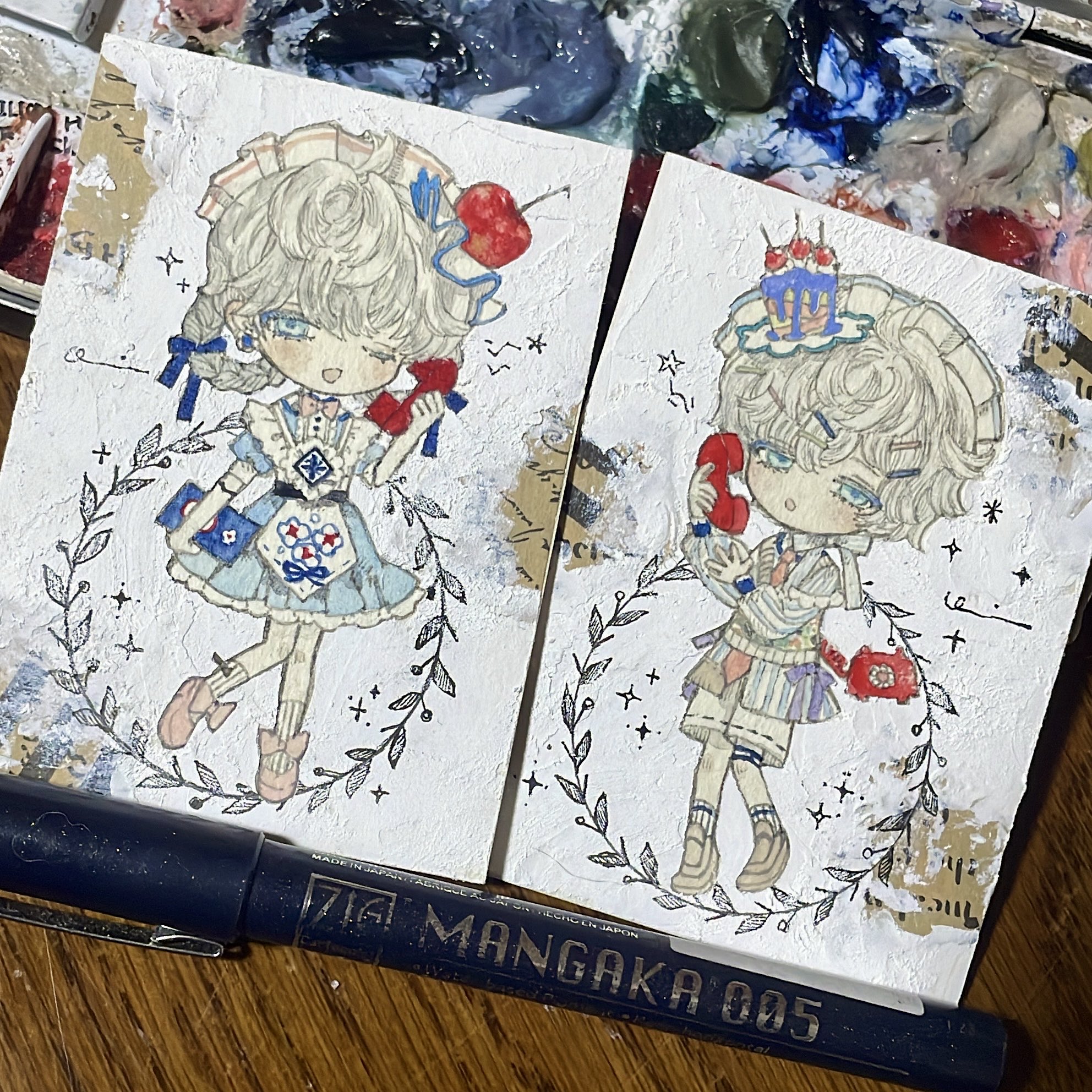 karintoun, original, acrylic paint (medium), commentary request, highres, painting (medium), traditional media, watercolor (medium), 2girls, antique phone, apron, blue dress, blue eyes, blush, bow, chibi, curly hair, dress, frilled shirt collar, frilled skirt, frills, full body, hair bow, hair ornament, hair ribbon, hairclip, hat, holding, holding phone, kneehighs, laurels, leaf wreath, looking at viewer, marker, multiple girls, neck ribbon, open mouth, paint palette, paint splatter, paintbrush, pale skin, pastel colors, pen, phone, receiver, ribbon, rotary phone, shirt, shoes, short hair, signature, skirt, smile, socks, standing, striped clothes, striped shirt, table, wooden table