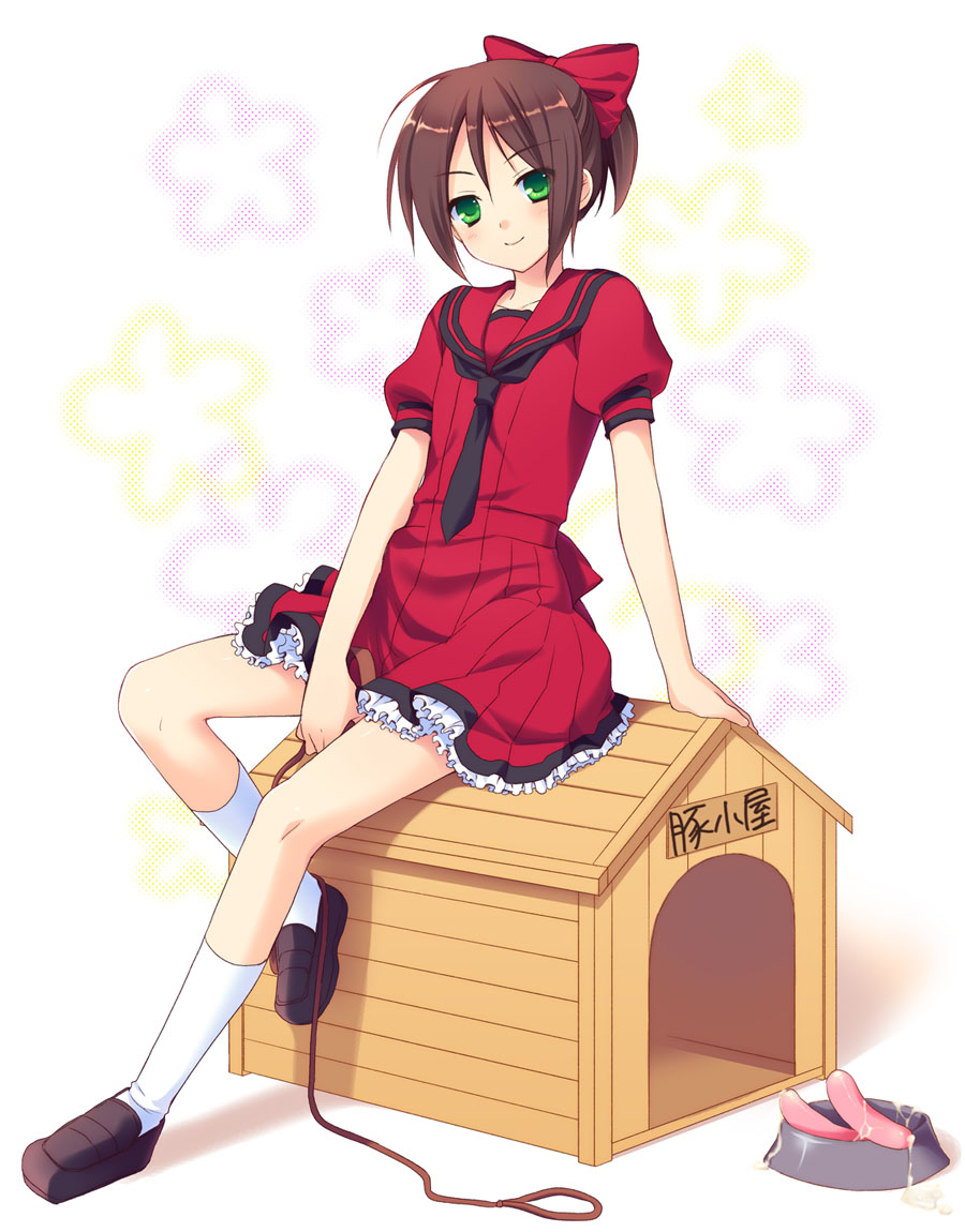 fuyuichi, kanazawa noto, susume! kitakou housoubu, 1boy, bowl, brown hair, cum, doghouse, dress, green eyes, hair ribbon, leash, male focus, necktie, pet bowl, ribbon, sailor dress, school uniform, solo, trap