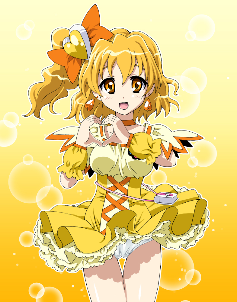 homing (areya), cure pine, yamabuki inori, fresh precure!, precure, 00s, 1girl, blonde hair, circle, clothes lift, dress, dress lift, female focus, hair ornament, heart, heart hair ornament, heart hands, magical girl, orange eyes, panties, pantyshot, side ponytail, skirt, solo, underwear, upskirt, white panties, yellow background, yellow skirt, yellow theme