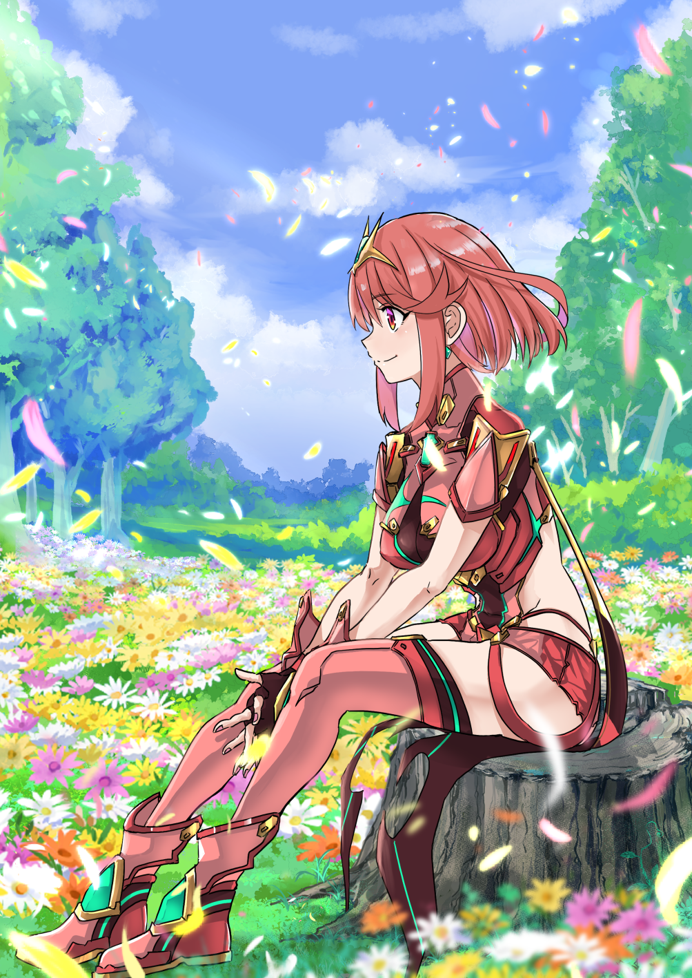 sofusan1526, pyra (xenoblade), xenoblade chronicles (series), xenoblade chronicles 2, commentary request, highres, 1girl, blue sky, bob cut, closed mouth, cloud, core crystal (xenoblade), falling petals, field, flower, flower field, full body, on tree stump, outdoors, petals, red eyes, red hair, sitting, sky, smile, solo, tree