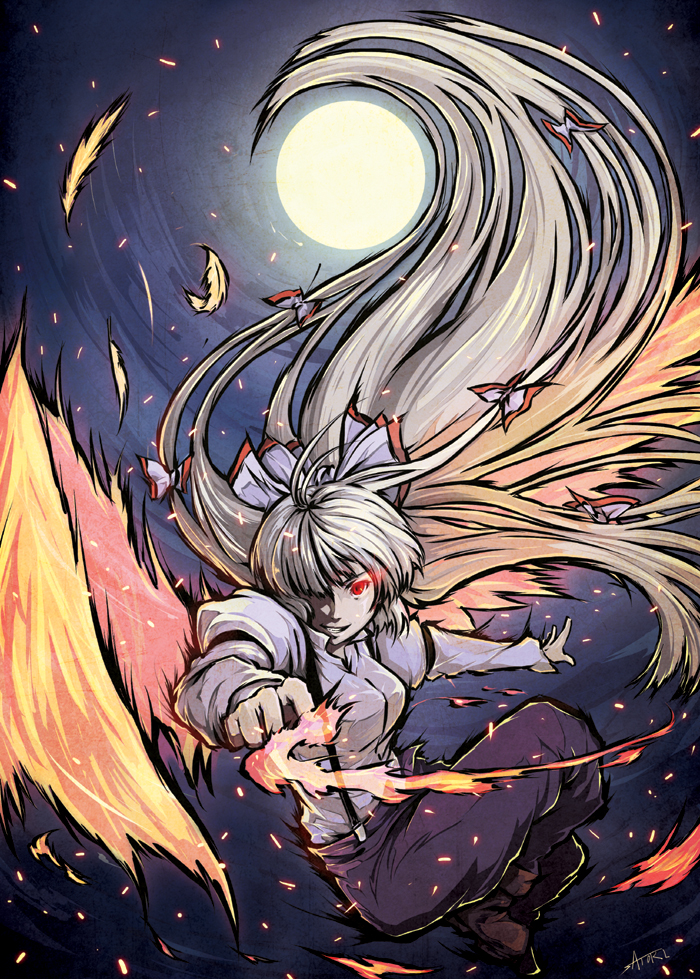 satori (santori310), satori (transient wind), fujiwara no mokou, touhou, 1girl, female focus, fiery wings, fire, glowing, glowing eyes, hair ribbon, long hair, moon, ribbon, solo, very long hair, wings