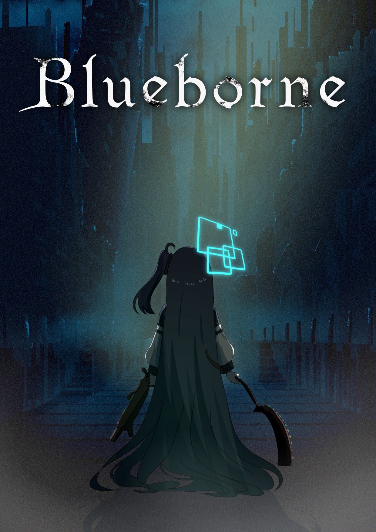 miaki (mi autumn39), aris (blue archive), bloodborne, blue archive, highres, tagme, 1girl, absurdly long hair, aqua halo, black hair, halo, holding, holding weapon, long hair, one side up, parody, rectangular halo, very long hair, weapon