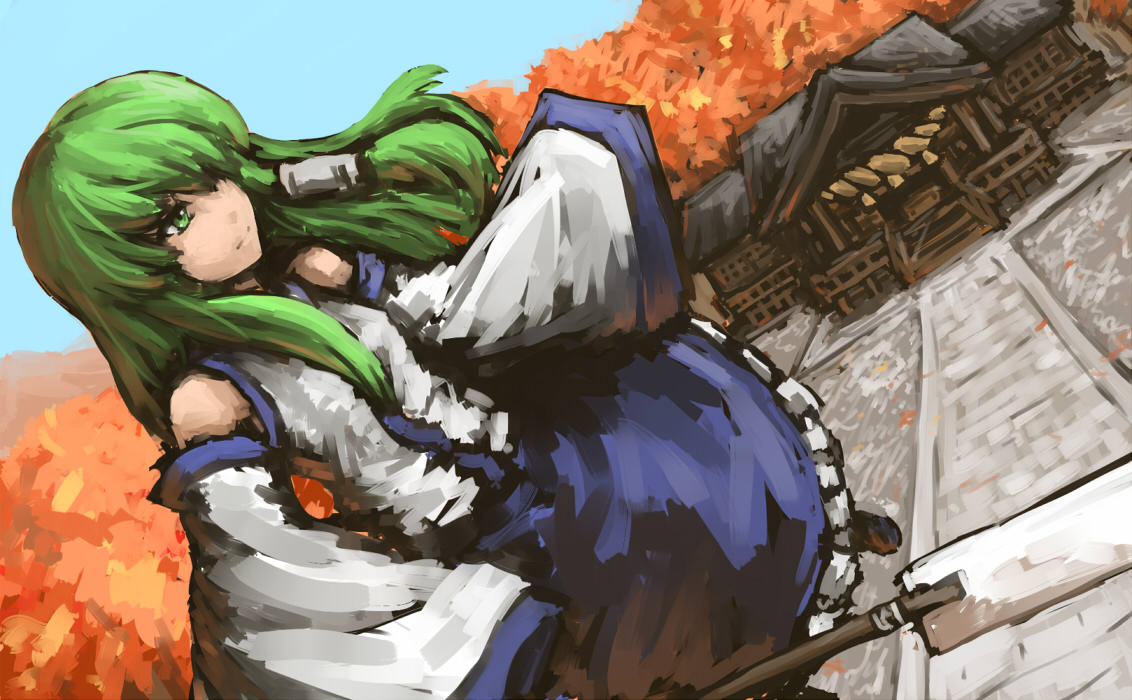 hima (mizu ni tsuyoi), himajin tohakagiranai, kochiya sanae, touhou, bad id, bad pixiv id, 1girl, autumn, detached sleeves, dress, dutch angle, female focus, green eyes, green hair, hair over one eye, matching hair/eyes, shrine, solo