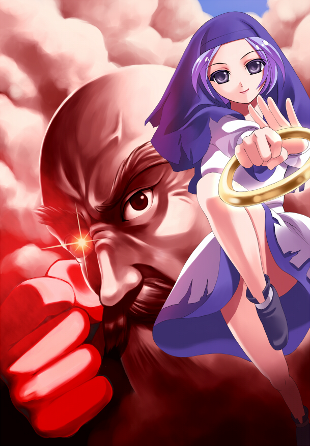 gorota, kumoi ichirin, unzan, touhou, bad id, bad pixiv id, 1boy, 1girl, blue eyes, blue hair, bracelet, cloud, hood, jewelry, red eyes, ring, short hair