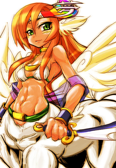 kobayashi tetsuya, tagme, 1girl, abs, breasts, centaur, female focus, monster girl, small breasts, solo, standing, sword, taur, weapon, white background, wings