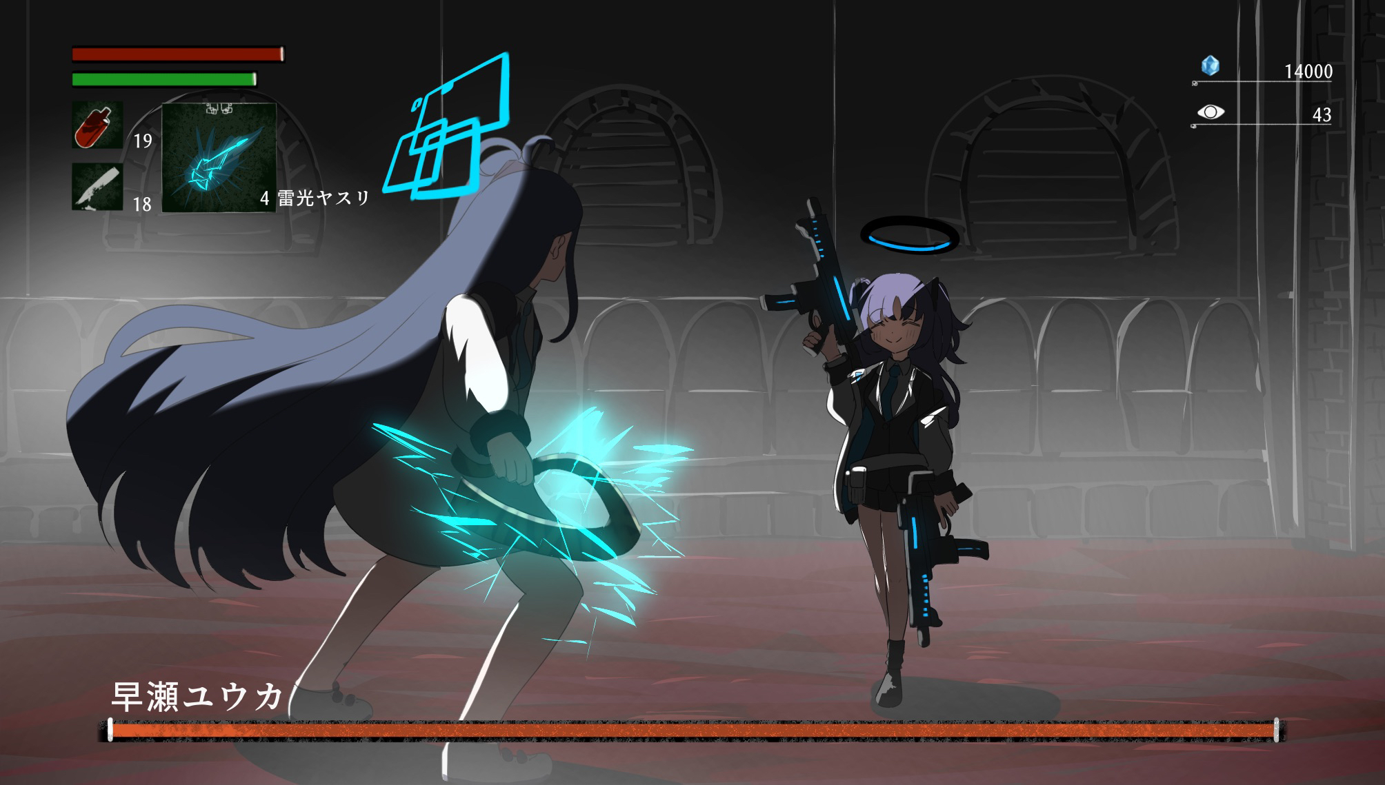 miaki (mi autumn39), aris (blue archive), yuuka (blue archive), bloodborne, blue archive, highres, tagme, translation request, black hair, boss fight, dual wielding, gun, halo, holding, holding gun, holding weapon, jacket, jacket partially removed, long hair, mechanical halo, parody, purple hair, two side up, very long hair, weapon