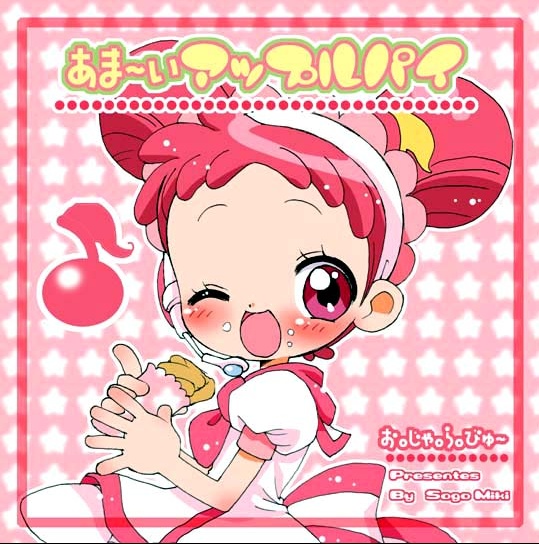 harukaze doremi, ojamajo doremi, blush, child, eating, hairband, heart, open mouth, pink eyes, pink hair, twintails, wink