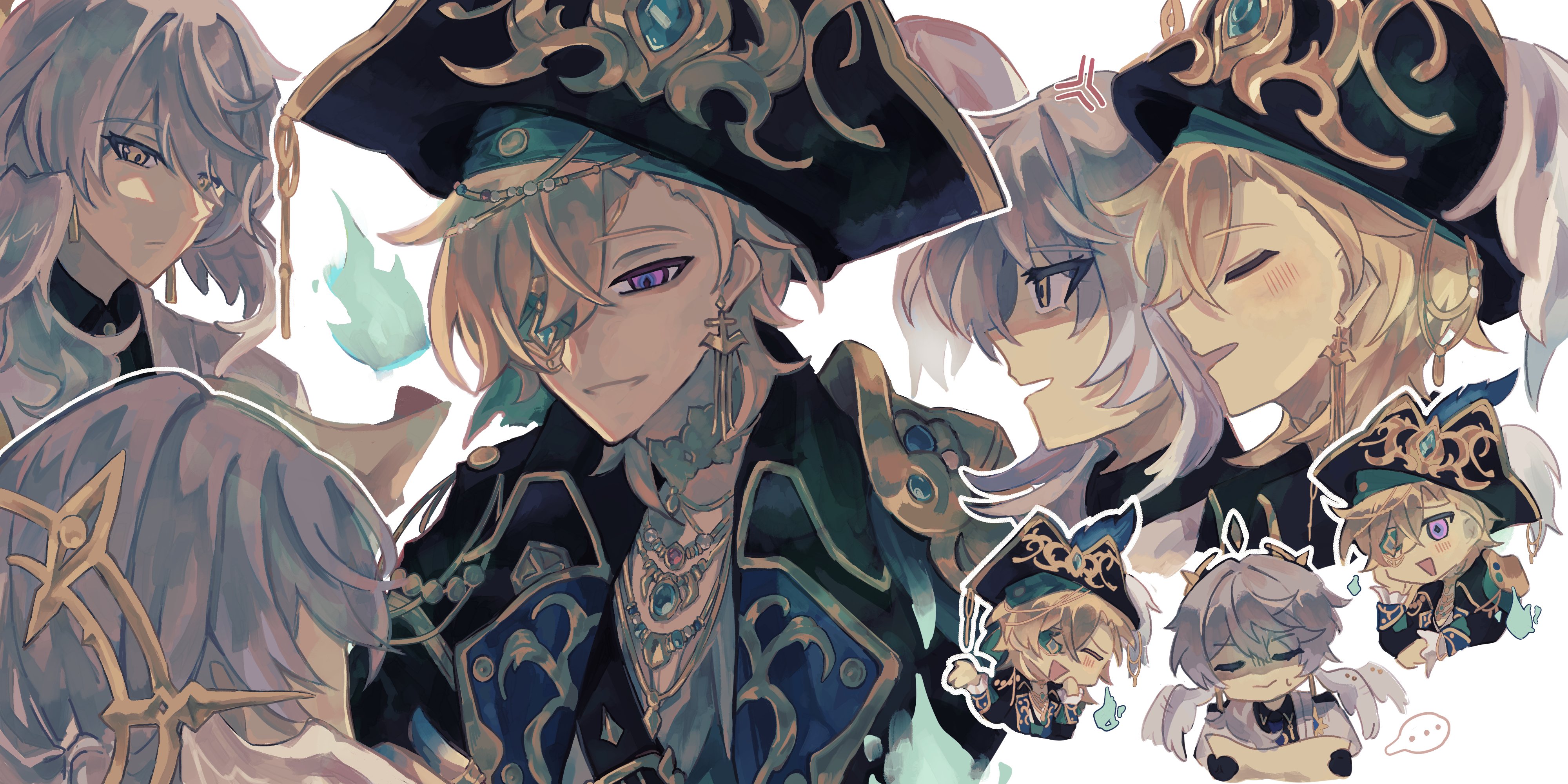 aventurine (honkai: star rail), sunday (honkai: star rail), honkai: star rail, honkai (series), absurdres, highres, 2boys, chibi, closed eyes, closed mouth, daqzzuvchi, from behind, hat, indonesian commentary, looking at another, multiple boys, open mouth, pirate, pirate costume, pirate hat, simple background, white background, yaoi