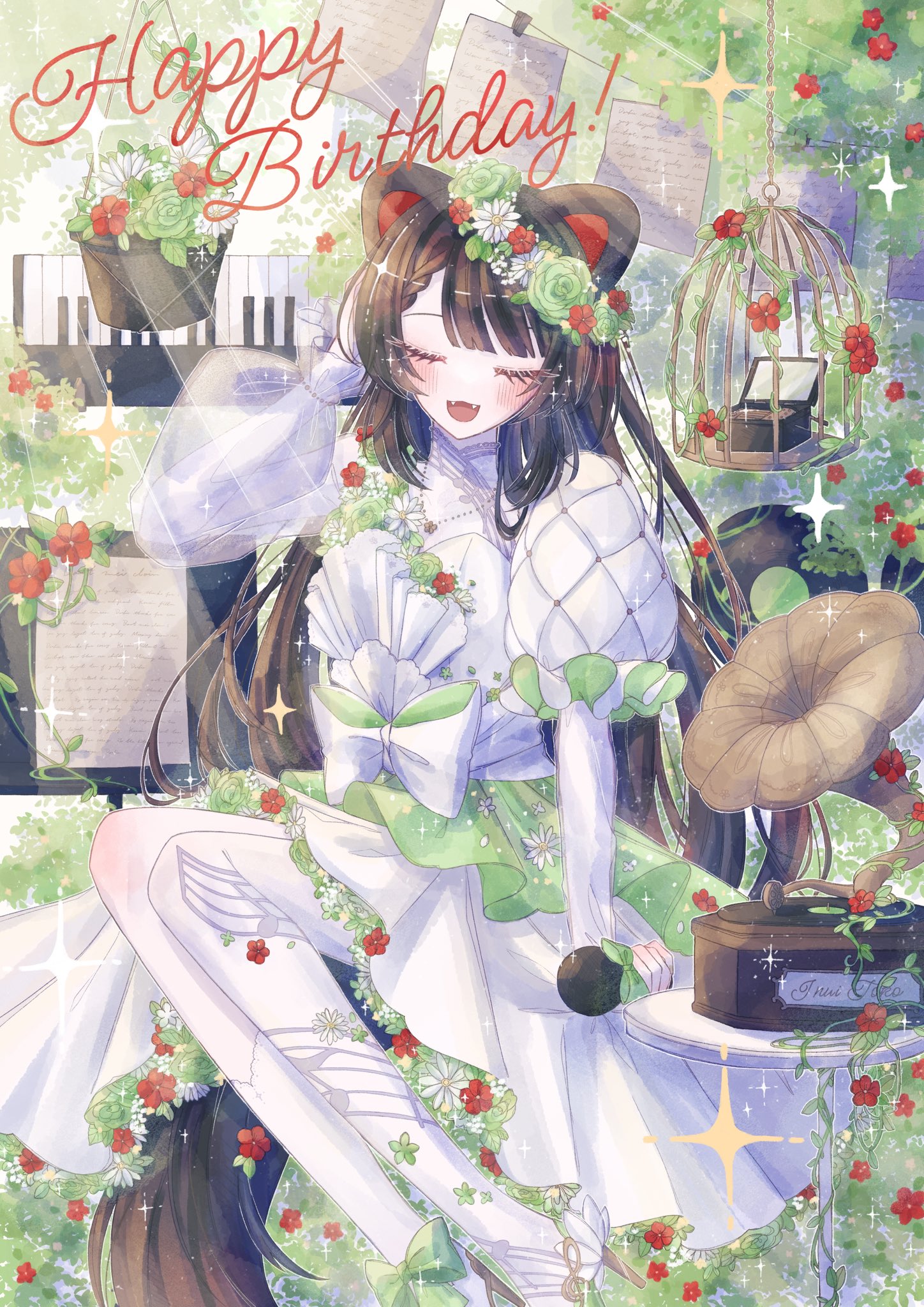 inui toko, nijisanji, commentary request, highres, making-of available, variant set, 1girl, :d, alternate costume, animal ears, ankle bow, ankle ribbon, arm up, asymmetrical bangs, asymmetrical pantyhose, asymmetrical sleeves, birdcage, blush, bow, braid, braided bangs, brown hair, brown tail, cage, character name, closed eyes, collared dress, dog ears, dog girl, dog tail, dress, dress bow, dress flower, english text, eyelashes, fangs, flower, flower wreath, foot out of frame, green bow, green flower, hair flower, hair ornament, hand on own head, hanging plant, happy birthday, head wreath, high heels, holding, holding microphone, ihitoyo, instrument, jewelry, juliet sleeves, keyboard (instrument), long hair, long sleeves, mandarin collar, microphone, music box, musical note, musical note print, necklace, open mouth, pantyhose, paper, phonograph, plant, potted plant, print pantyhose, puffy long sleeves, puffy sleeves, quilted clothes, red flower, ribbon, see-through sleeve layer, short dress, sitting, smile, solo, sparkle, table, tail, too many flowers, very long hair, vines, virtual youtuber, white bow, white dress, white flower, white pantyhose