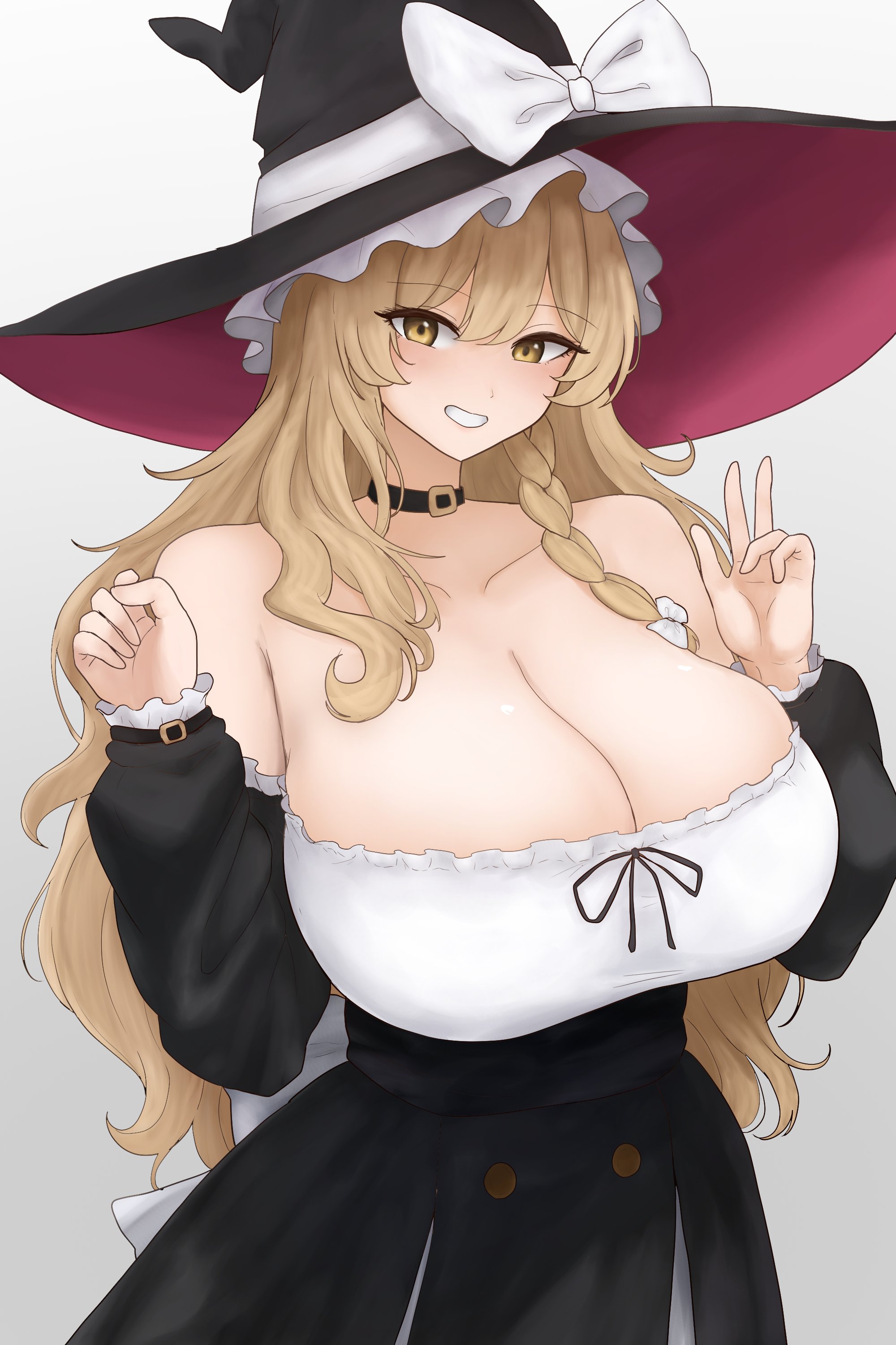 moriforest1040, kirisame marisa, touhou, absurdres, commentary request, highres, 1girl, alternate costume, bare shoulders, black choker, black dress, blonde hair, braid, breasts, choker, cleavage, collarbone, dress, frills, grey background, grin, hands up, hat, large breasts, long hair, long sleeves, looking at viewer, off-shoulder dress, off shoulder, shirt, smile, solo, v, white shirt, witch hat, yellow eyes