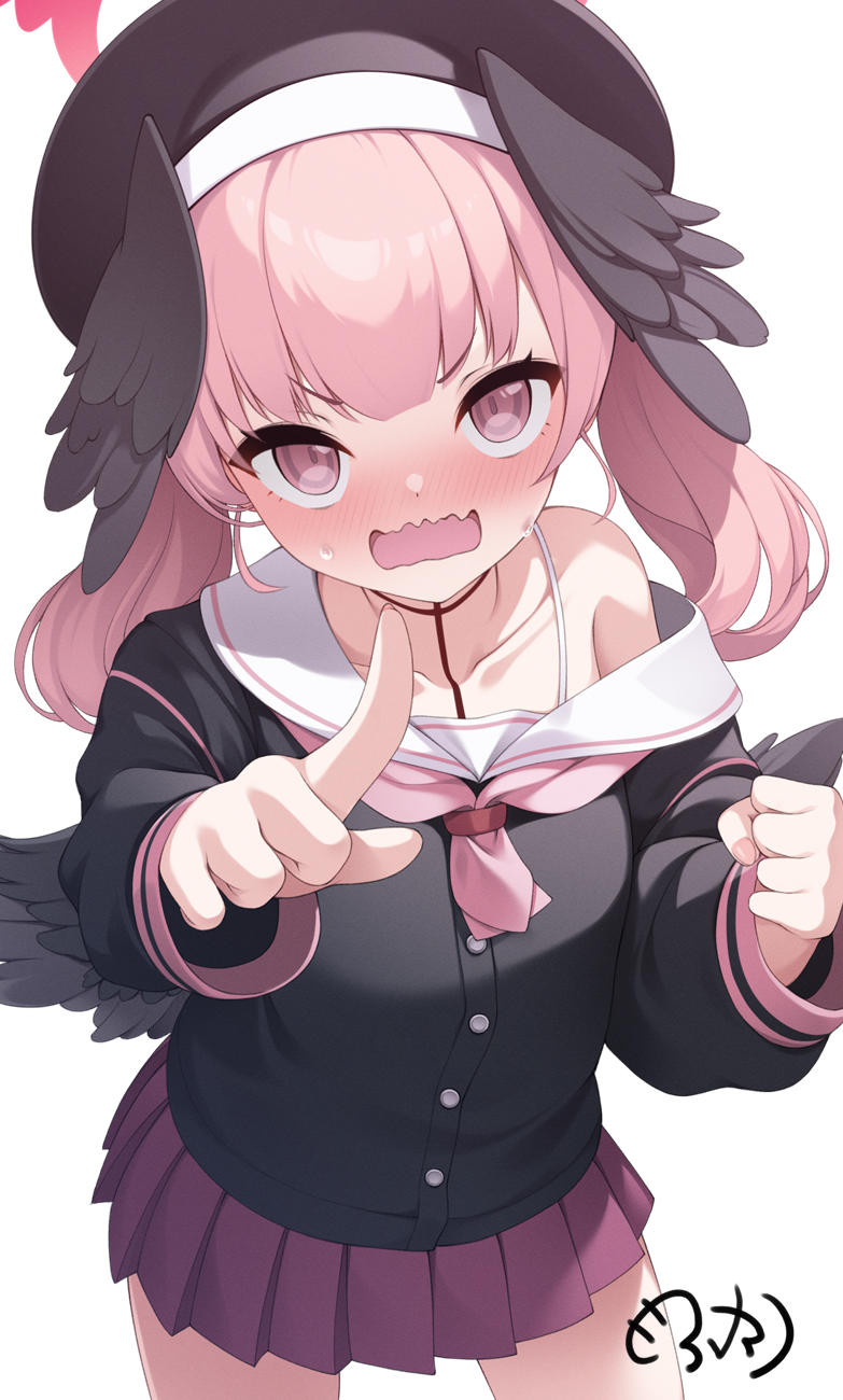 mofu namako, koharu (blue archive), blue archive, commentary request, highres, 1girl, beret, black cardigan, black hat, black shirt, black wings, blush, cardigan, collarbone, cowboy shot, hat, head wings, long hair, long sleeves, looking at viewer, mini wings, miniskirt, neckerchief, nose blush, open mouth, pink eyes, pink hair, pink neckerchief, pleated skirt, pointing, pointing at viewer, purple skirt, sailor collar, school uniform, serafuku, shirt, short eyebrows, simple background, single bare shoulder, single off shoulder, skirt, solo, standing, sweat, twintails, v-shaped eyebrows, wavy mouth, white background, white sailor collar, wings