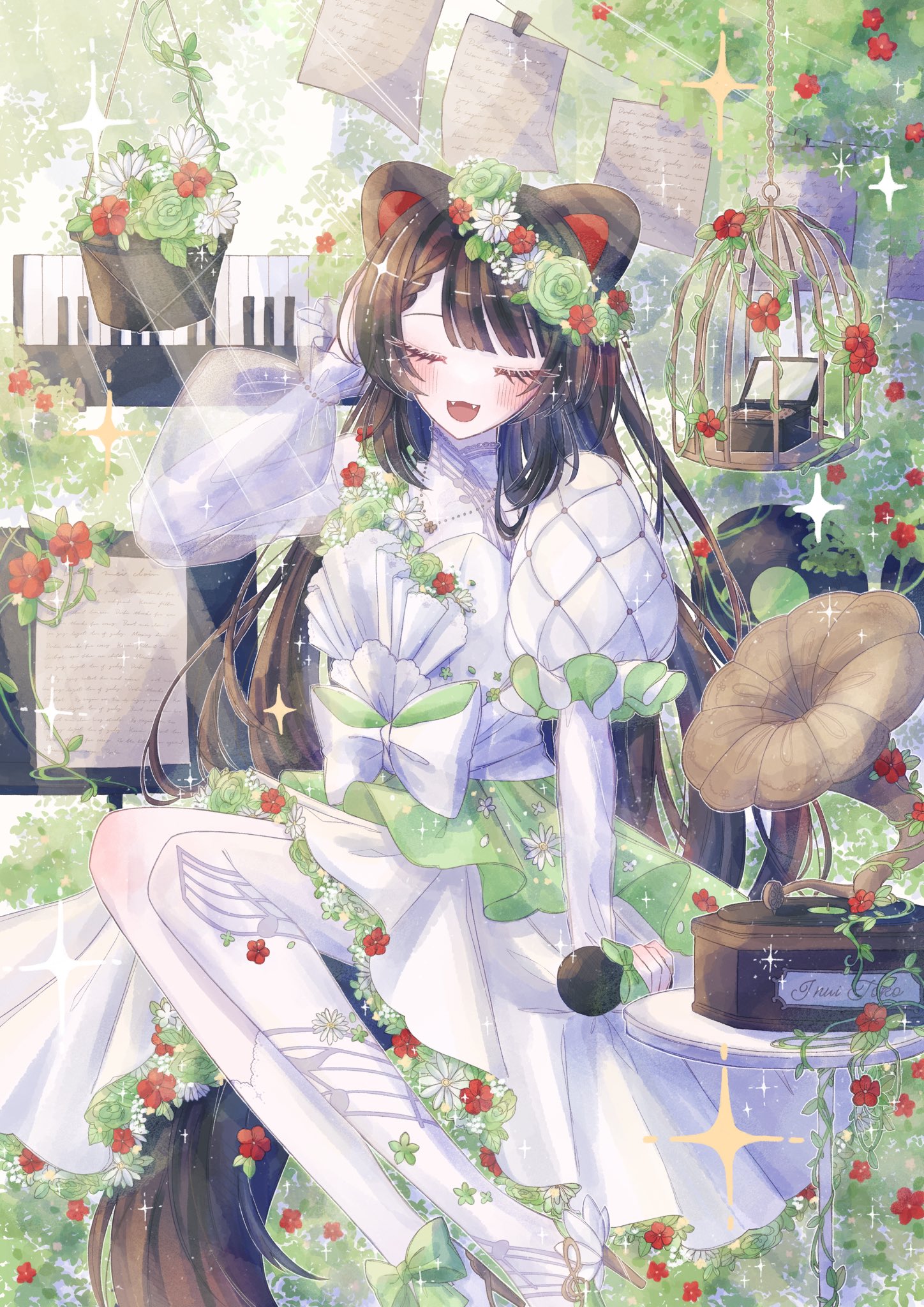 inui toko, nijisanji, commentary request, highres, making-of available, textless version, variant set, 1girl, :d, alternate costume, animal ears, ankle bow, ankle ribbon, arm up, asymmetrical bangs, asymmetrical pantyhose, asymmetrical sleeves, birdcage, blush, bow, braid, braided bangs, brown hair, brown tail, cage, character name, closed eyes, collared dress, dog ears, dog girl, dog tail, dress, dress bow, dress flower, eyelashes, fangs, flower, flower wreath, foot out of frame, green bow, green flower, hair flower, hair ornament, hand on own head, hanging plant, head wreath, high heels, holding, holding microphone, ihitoyo, instrument, jewelry, juliet sleeves, keyboard (instrument), long hair, long sleeves, mandarin collar, microphone, music box, musical note, musical note print, necklace, open mouth, pantyhose, paper, phonograph, plant, potted plant, print pantyhose, puffy long sleeves, puffy sleeves, quilted clothes, red flower, ribbon, see-through sleeve layer, short dress, sitting, smile, solo, sparkle, table, tail, too many flowers, very long hair, vines, virtual youtuber, white bow, white dress, white flower, white pantyhose