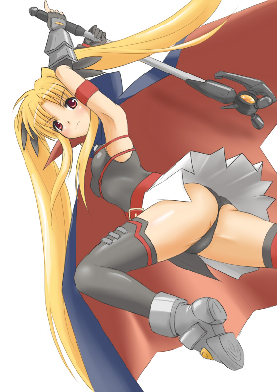 ginjyasei, bardiche (assault form) (nanoha), bardiche (nanoha), fate testarossa, fate testarossa (lightning form), lyrical nanoha, mahou shoujo lyrical nanoha, mahou shoujo lyrical nanoha a's, 00s, 1girl, armored boots, ass, axe, black cape, black gloves, black leotard, black thighhighs, blonde hair, boots, breasts, cape, female focus, fingerless gloves, gloves, grey boots, hair ribbon, holding, leotard, long hair, red eyes, ribbon, simple background, skirt, small breasts, solo, thighhighs, twintails, very long hair, white background, white skirt