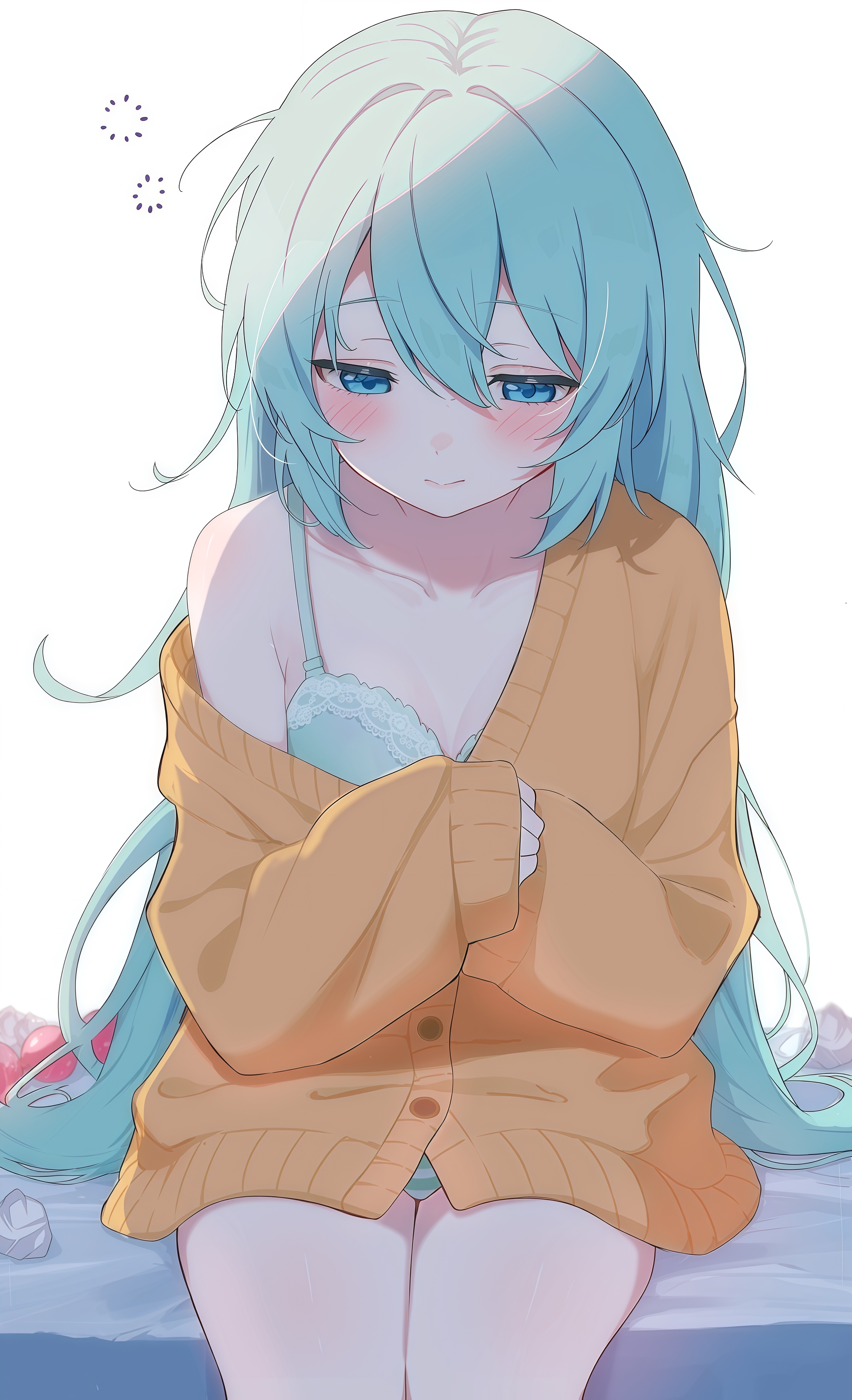 helthbuth, hatsune miku, vocaloid, absurdres, commentary request, highres, 1girl, alternate costume, alternate hairstyle, aqua bra, aqua panties, blush, bra, breasts, brown sweater, closed mouth, collarbone, hair between eyes, long hair, long sleeves, medium breasts, panties, simple background, sitting, sleepy, straight hair, sweater, thighs, underwear, very long hair, waking up, white background