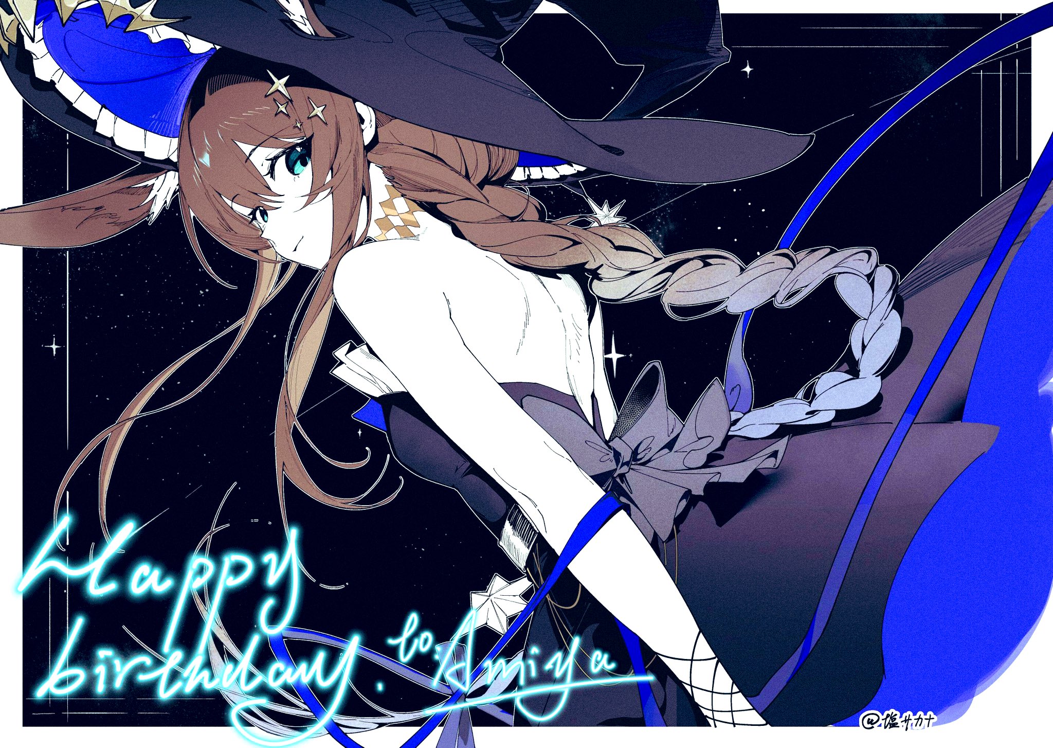 shio sakana, amiya (arknights), amiya (medic) (arknights), amiya (medic) (solo around the world) (arknights), arknights, commentary, english commentary, highres, 1girl, animal ear fluff, animal ears, bare shoulders, bow, braid, breasts, brown hair, dress, frilled hat, frills, hair ornament, happy birthday, hat, multicolored hair, small breasts, star (symbol), star hair ornament, waist bow, witch hat