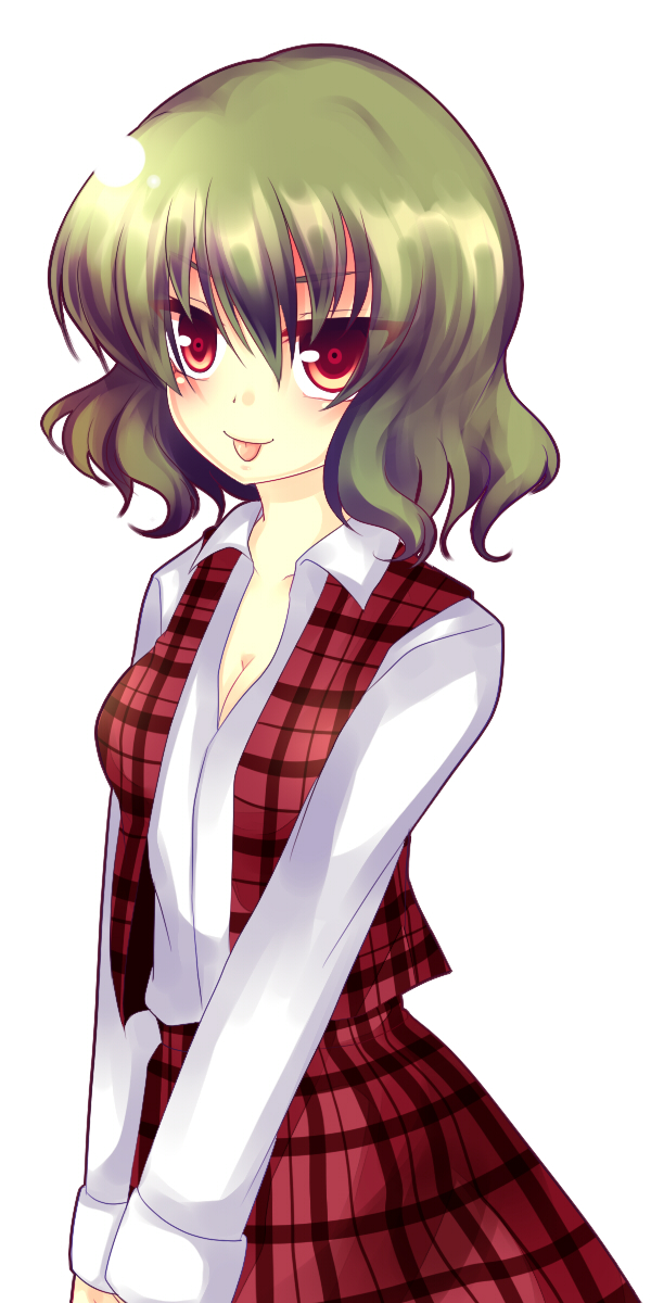 uranaishi (miraura), kazami yuuka, touhou, bad id, bad pixiv id, highres, 1girl, :p, breasts, cleavage, female focus, green hair, long hair, medium breasts, plaid clothes, plaid skirt, plaid vest, red eyes, short hair, simple background, skirt, skirt set, solo, tongue, tongue out, v arms, vest, white background