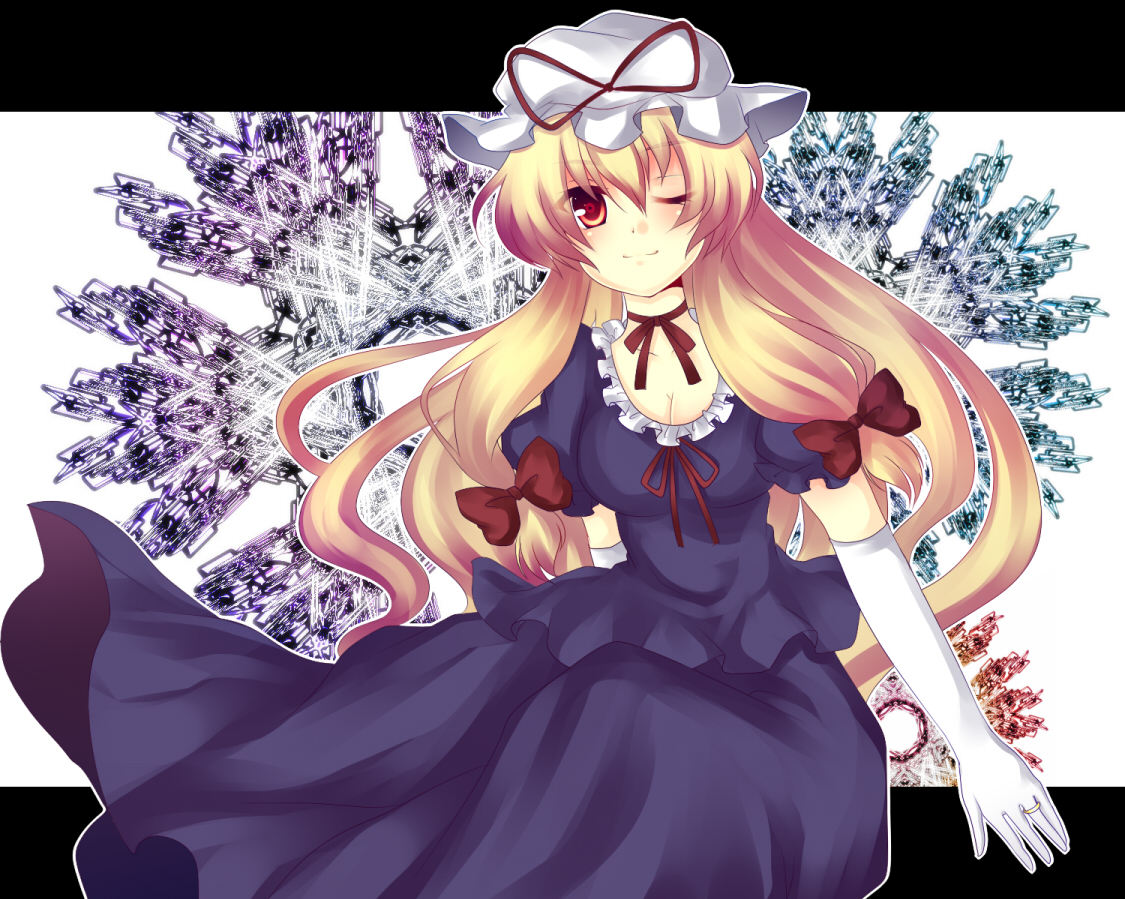 uranaishi (miraura), yakumo yukari, touhou, bad id, bad pixiv id, 1girl, blonde hair, breasts, cleavage, elbow gloves, female focus, gloves, hat, letterboxed, long hair, one eye closed, ribbon, solo, white gloves, wink