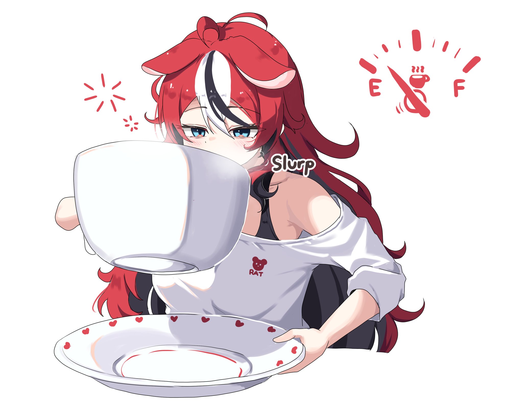 cafelittle, hakos baelz, hololive, hololive english, highres, 1girl, bare shoulders, blue eyes, breasts, coffee, coffee mug, crop top, cup, holding, holding cup, holding plate, long hair, medium breasts, mug, oversized object, plate, simple background, slurping, solo, solo focus, squeans, upper body, very long hair, virtual youtuber, white background
