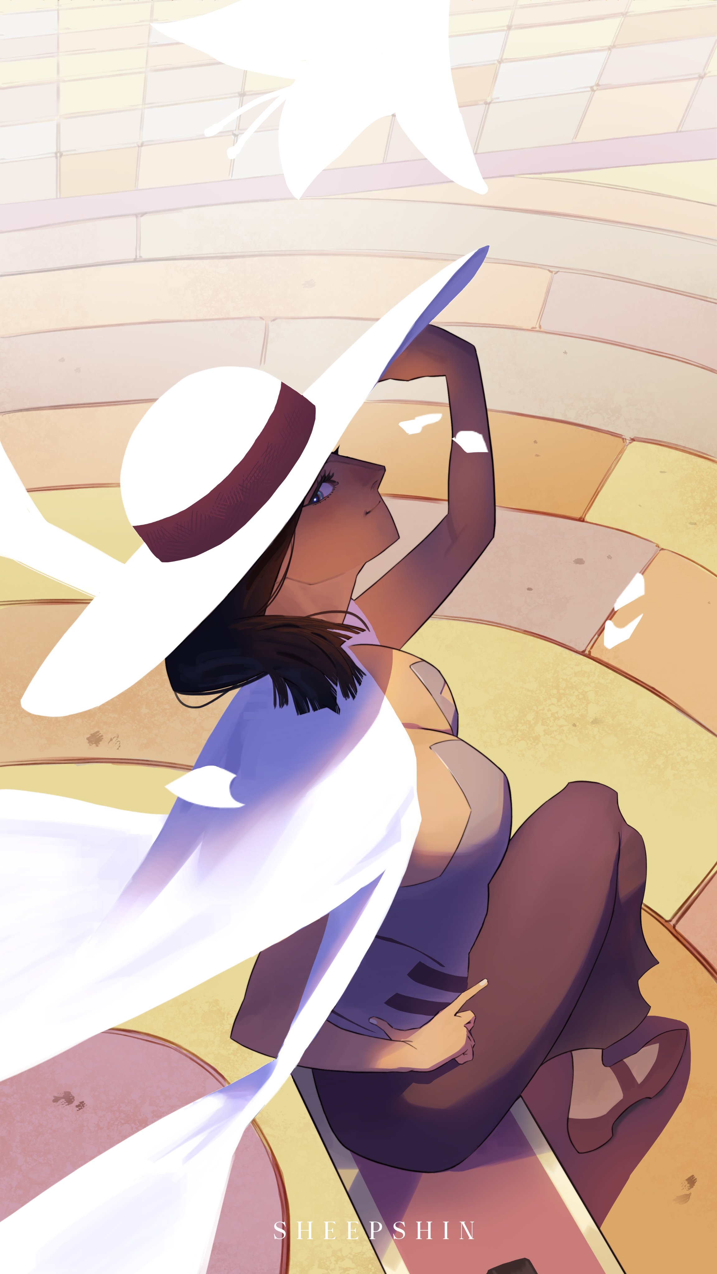 sheep shin, nico robin, one piece, one piece: baron omatsuri and the secret island, absurdres, commentary, english commentary, highres, 1girl, artist name, black hair, blunt ends, cape, closed mouth, hat, large hat, medium hair, petals, profile, sitting, skirt, smile, solo, white cape, white hat