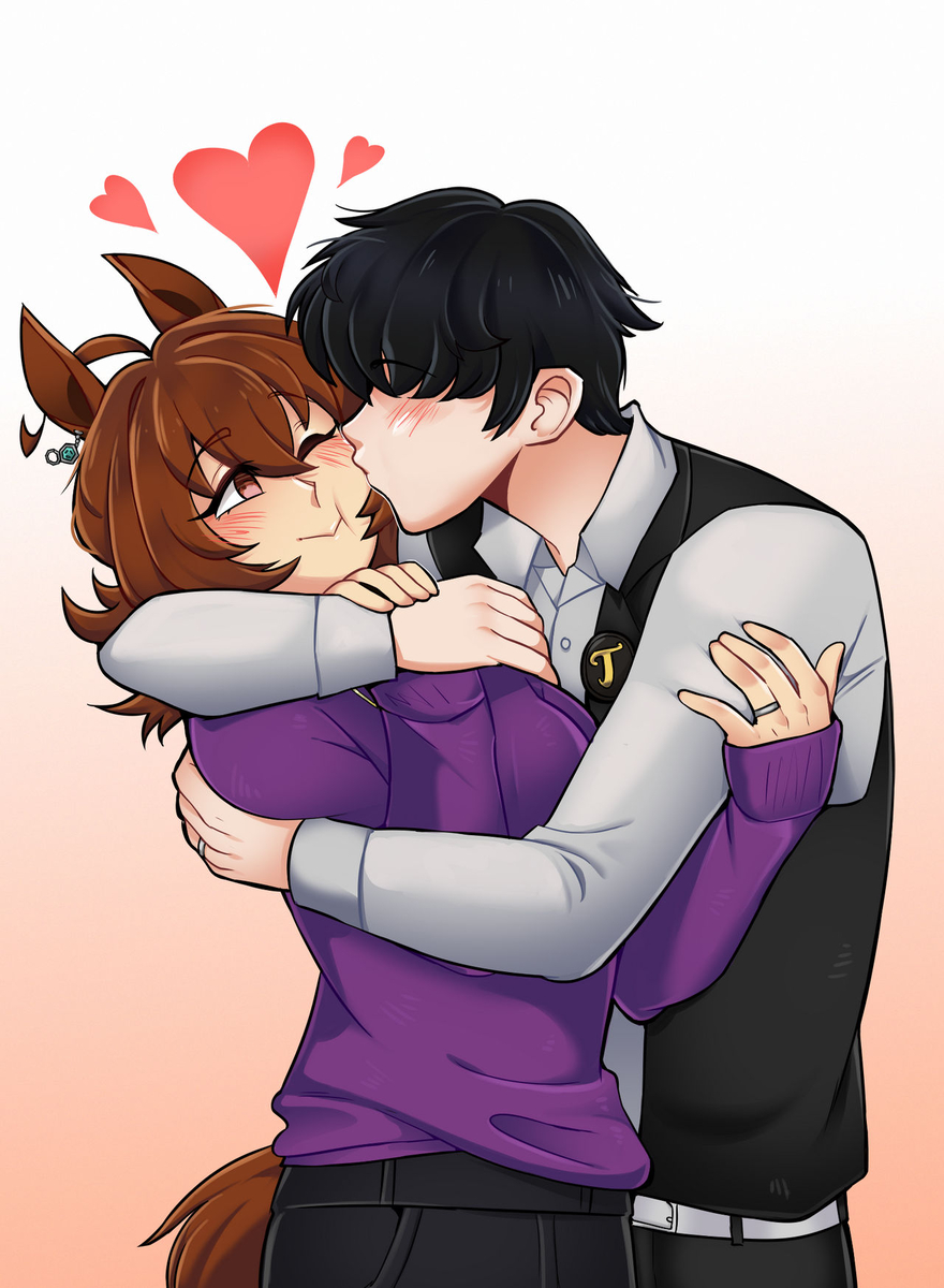 horusaku, agnes tachyon (casual) (umamusume), agnes tachyon (umamusume), trainer (umamusume), umamusume, :>, ahoge, animal ears, black hair, blush, brown hair, buttons, cheek squash, denim, earrings, hair over eyes, hand on another's arm, heart, horse ears, horse girl, horse tail, hug, jeans, jewelry, kissing cheek, one eye closed, pants, purple shirt, ring, shirt, smile, tail, vest, wedding ring