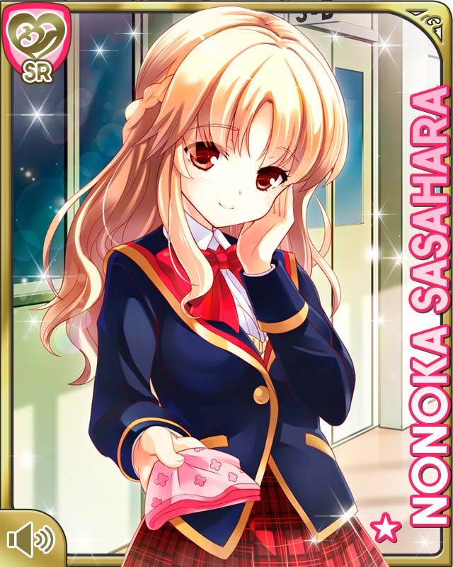 qp:flapper, sasahara nonoka, girlfriend (kari), official art, 1girl, bow, bowtie, braid, brown eyes, brown hair, card (medium), character name, half up braid, hallway, hand on own cheek, hand on own face, handkerchief, holding, holding handkerchief, jacket, long hair, looking at viewer, plaid clothes, plaid skirt, pleated skirt, red bow, red bowtie, red skirt, school uniform, shirt, skirt, smile, solo, standing, white shirt