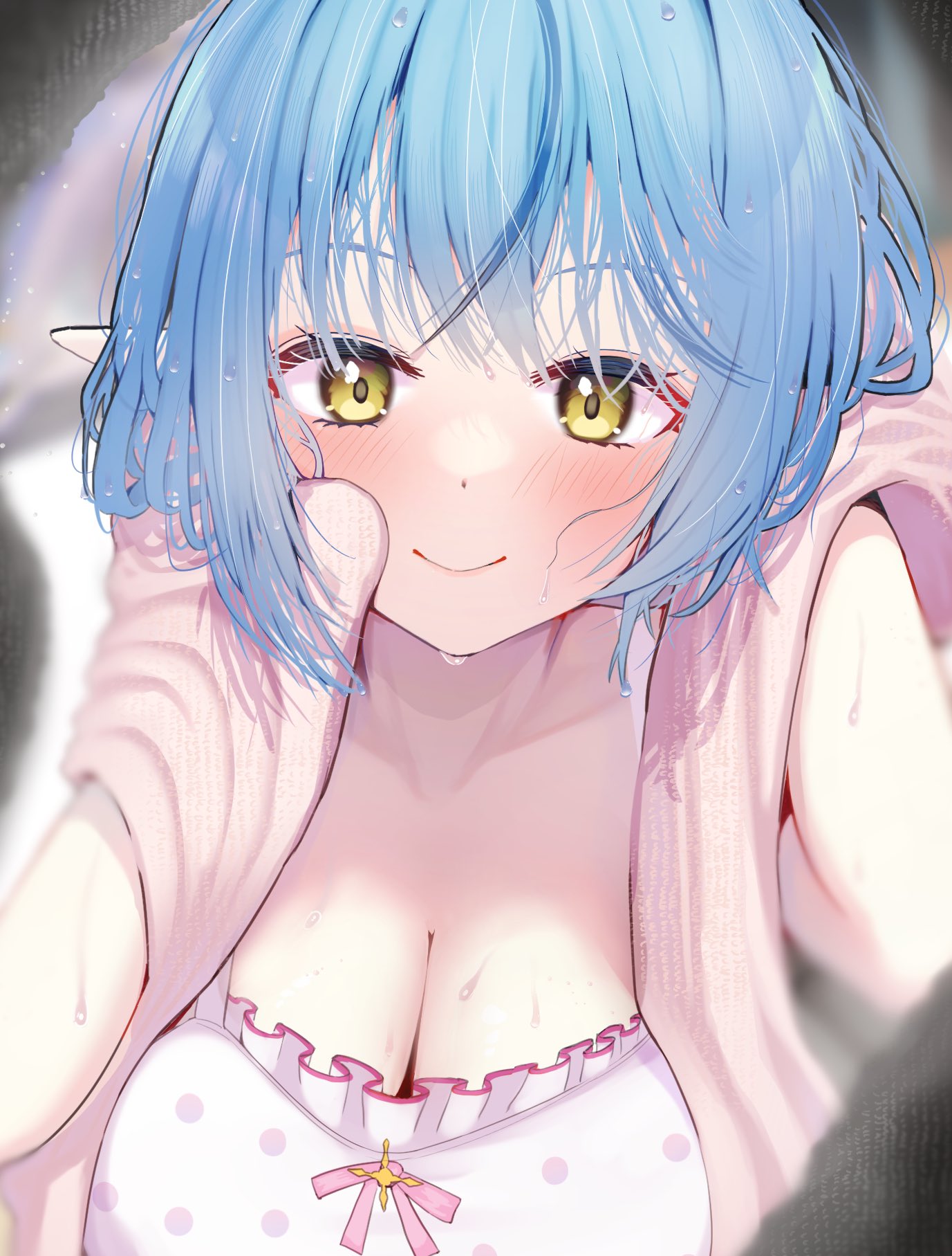 aki (mkjn5227), yukihana lamy, yukihana lamy (roomwear), hololive, commentary request, highres, 1girl, blue hair, blush, breasts, camisole, cleavage, closed mouth, collarbone, elf, hair between eyes, long hair, looking at viewer, official alternate costume, pink trim, pointy ears, polka dot, polka dot camisole, scarf, smile, solo, sweat, white camisole, yellow eyes