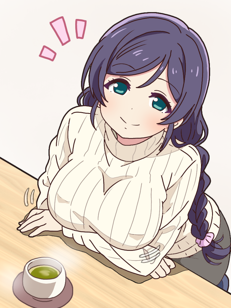 mukiryoku bato, tojo nozomi, love live!, love live! school idol project, 1girl, ^^^, arms under breasts, braid, breast rest, breasts, breasts on table, closed mouth, crossed arms, cup, from above, green eyes, green tea, large breasts, long hair, looking at viewer, looking up, low twin braids, pink scrunchie, purple hair, scrunchie, smile, solo, split mouth, table, tea, twin braids, white background