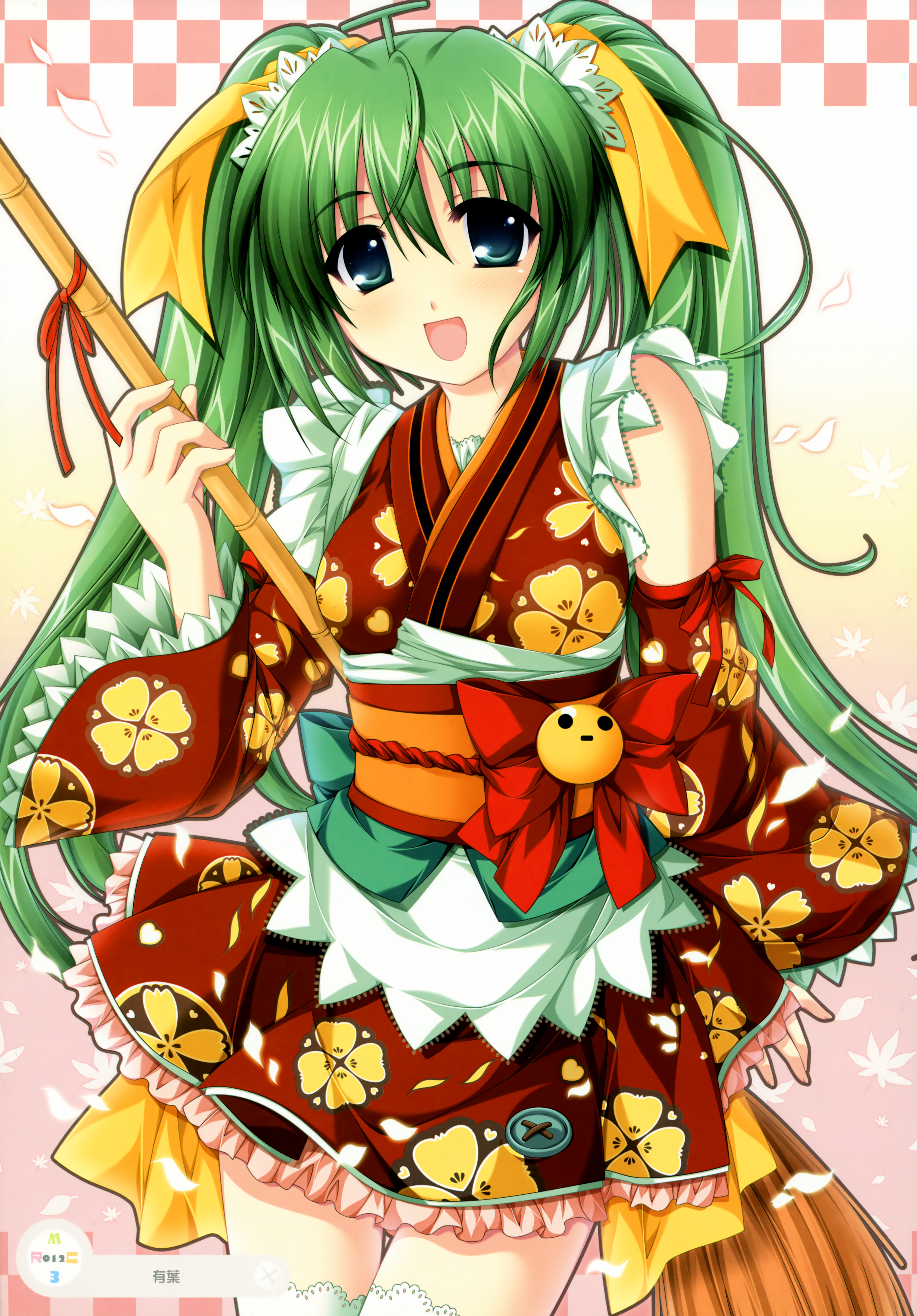 alpha (yukai na nakamatachi), melon-chan, melonbooks, absurdres, highres, huge filesize, 1girl, blue eyes, blurry, bow, broom, detached sleeves, female focus, green hair, hair ribbon, japanese clothes, kimono, ribbon, solo, twintails, yellow bow