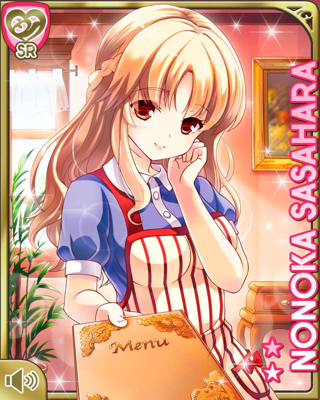 qp:flapper, sasahara nonoka, girlfriend (kari), official art, 1girl, apron, blue shirt, bow, braid, brown eyes, brown hair, cafe, card (medium), character name, half up braid, hand on own cheek, hand on own face, holding, holding menu, long hair, looking at viewer, menu, red apron, red bow, shirt, short sleeves, smile, solo, standing, striped apron, striped clothes, window