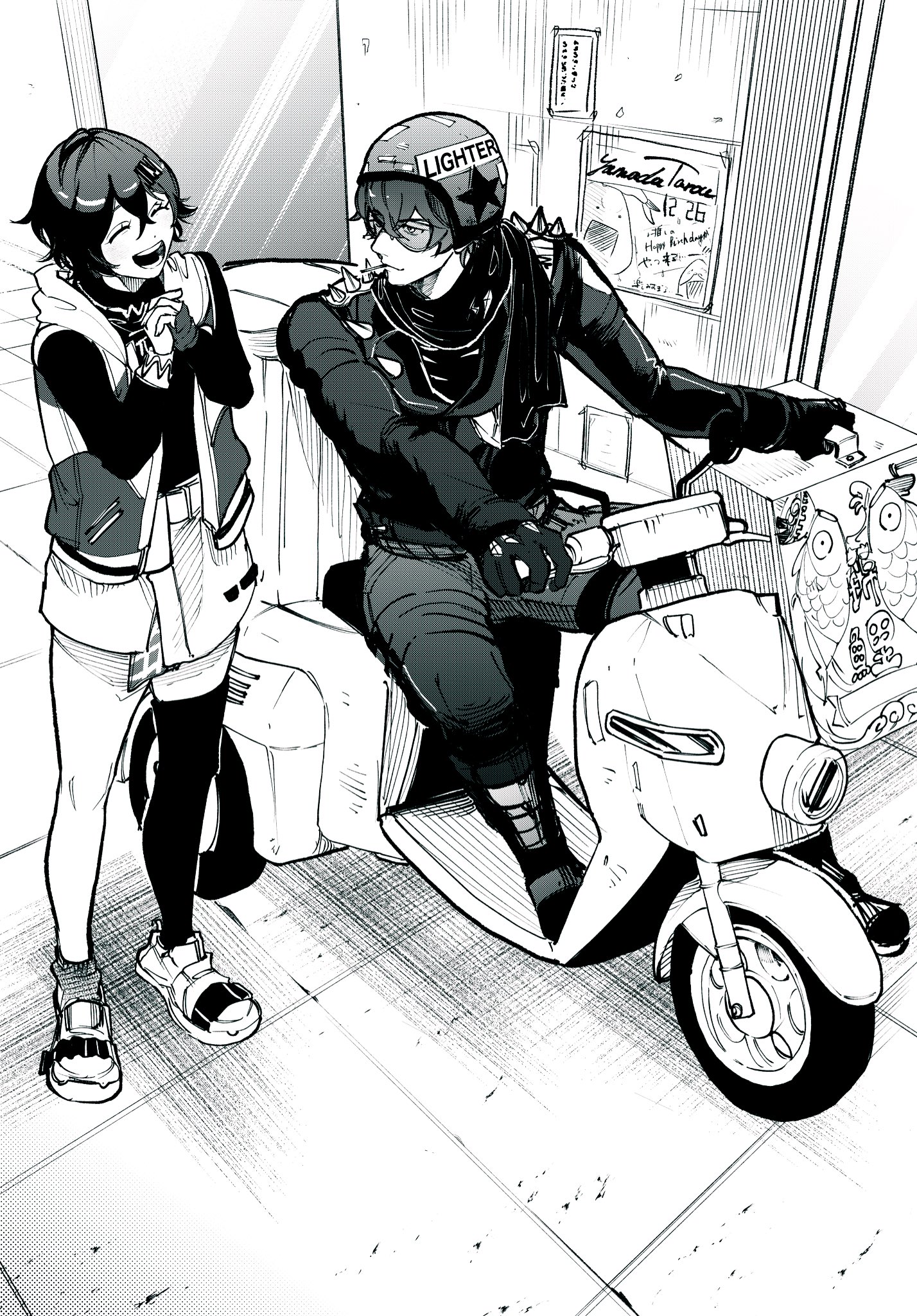 belle (zenless zone zero), lighter (zenless zone zero), zenless zone zero, commentary, highres, symbol-only commentary, 03 kyv, 1boy, 1girl, black boots, black jacket, black shirt, black thighhighs, boots, closed eyes, crossed bangs, full body, greyscale, hair between eyes, hair ornament, helmet, interlocked fingers, jacket, letter hair ornament, looking at another, monochrome, motor vehicle, motorcycle, motorcycle helmet, on motorcycle, open clothes, open mouth, own hands together, scarf, shirt, shoes, short hair, shoulder spikes, single thighhigh, sleeveless, sleeveless jacket, spiked jacket, spikes, sunglasses, thighhighs, white shoes