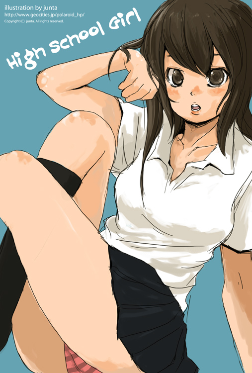 junta, 1girl, black eyes, black hair, blush, breasts, female focus, legs, miniskirt, open mouth, panties, pantyshot, shirt, skirt, socks, solo, striped clothes, striped panties, underwear