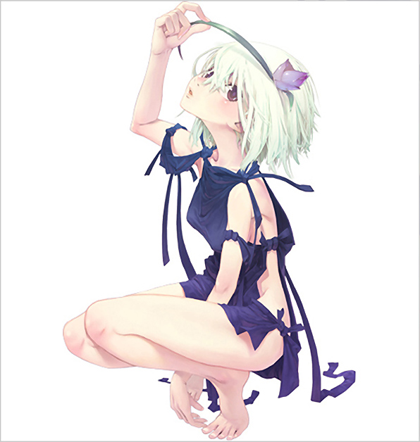 ren (fragile), fragile, fragile: sayonara tsuki no haikyo, 1girl, albino, barefoot, feet, female focus, flower, full body, red eyes, short hair, simple background, solo, spread toes, squatting, toes