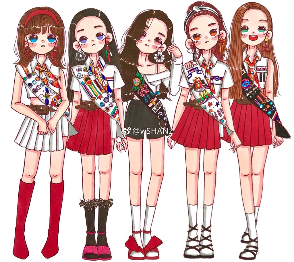wshanshanz, irene (red velvet), joy (red velvet), seulgi (red velvet), wendy (red velvet), yeri (red velvet), real life, red velvet (group), hashtag-only commentary, 5girls, belt pouch, black socks, blue eyes, blunt bangs, boots, brown hair, crop top, full body, green eyes, hair behind ear, hair bun, long hair, multiple girls, ponytail, pouch, purple eyes, red boots, shirt, socks, thigh boots, white shirt, white socks