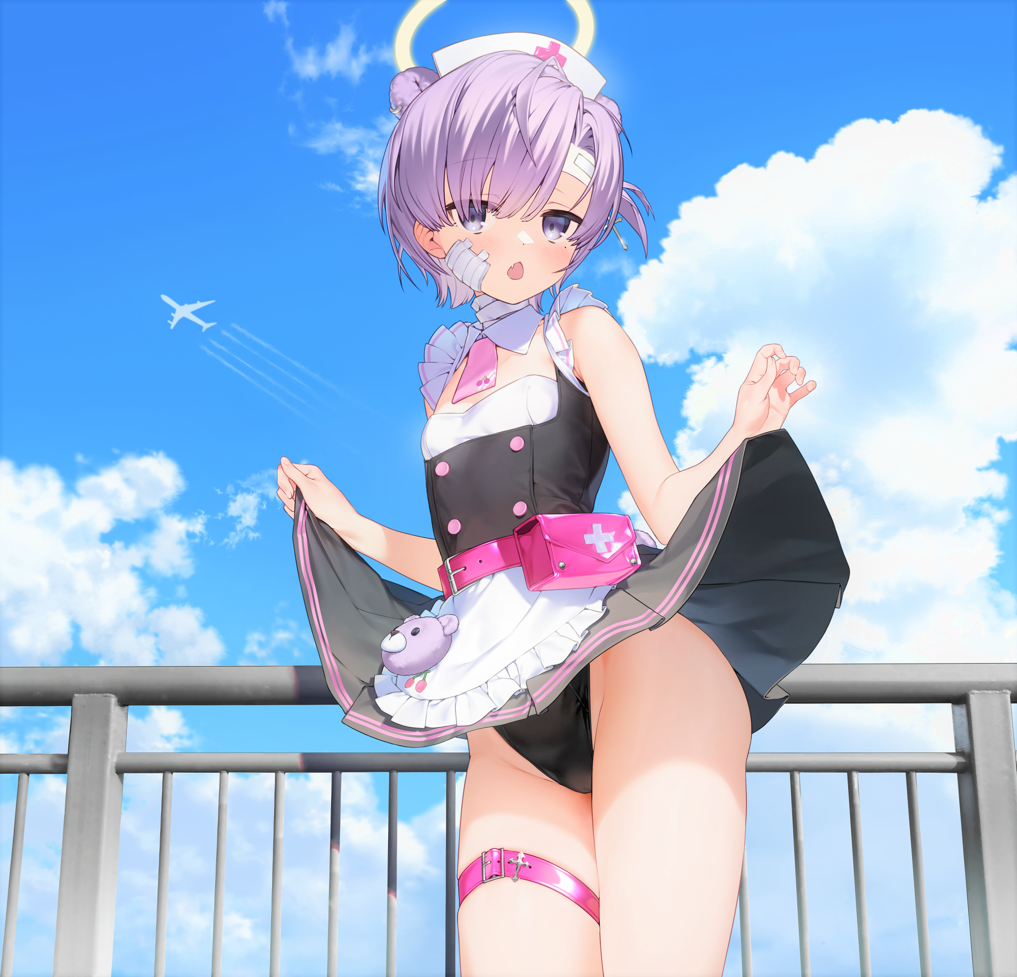 kuma 4go, indie virtual youtuber, commentary, highres, 1girl, animal charm, animal ears, apron, bag, bandages, bear charm, bear ears, belt, blue sky, blush, charm (object), clothes lift, cloud, cowboy shot, cross, curtained hair, detached collar, dot nose, fang, flat chest, frilled apron, frills, hair between eyes, halo, kuma 4ho, leotard, leotard peek, necktie, open mouth, outdoors, pink necktie, purple hair, short hair, skin fang, skirt, skirt lift, sky, solo, thigh strap, upskirt, virtual youtuber, white apron, yellow halo