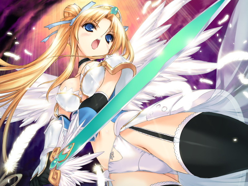 urotan, rena fraulain, momoiro guardian, game cg, 1girl, angel, angel wings, angry, armor, black thighhighs, blonde hair, blue eyes, blush, bow, bow panties, breasts, choker, double bun, feathers, female focus, garter straps, gauntlets, hair bun, hair ribbon, large breasts, long hair, midriff, navel, open mouth, panties, ribbon, skirt, solo, sword, thighhighs, tiara, twintails, underwear, very long hair, weapon, white panties, wings