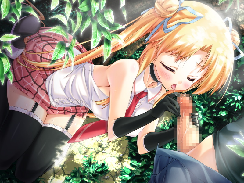 urotan, rena fraulain, momoiro guardian, game cg, 1girl, bare shoulders, black thighhighs, blonde hair, blush, breasts, censored, choker, closed eyes, day, double bun, dutch angle, elbow gloves, fellatio, garter straps, gloved handjob, gloves, hair bun, hair ribbon, handjob, long hair, mosaic censoring, nature, necktie, oral, outdoors, penis, ribbon, saliva, saliva trail, sideboob, sitting, skirt, small breasts, solo focus, sweat, thighhighs, tongue, twintails, two-handed handjob, very long hair, zettai ryouiki
