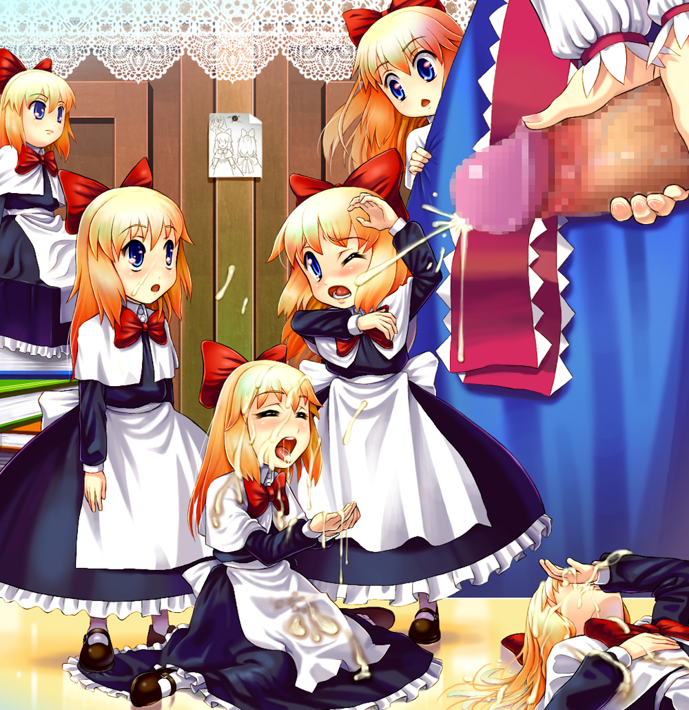 nemuo, alice margatroid, shanghai doll, touhou, 1girl, blonde hair, blue eyes, blush, bow, bukkake, censored, cum, cum on body, doll, dress, facial, hair bow, handjob, long hair, penis, short hair, solo