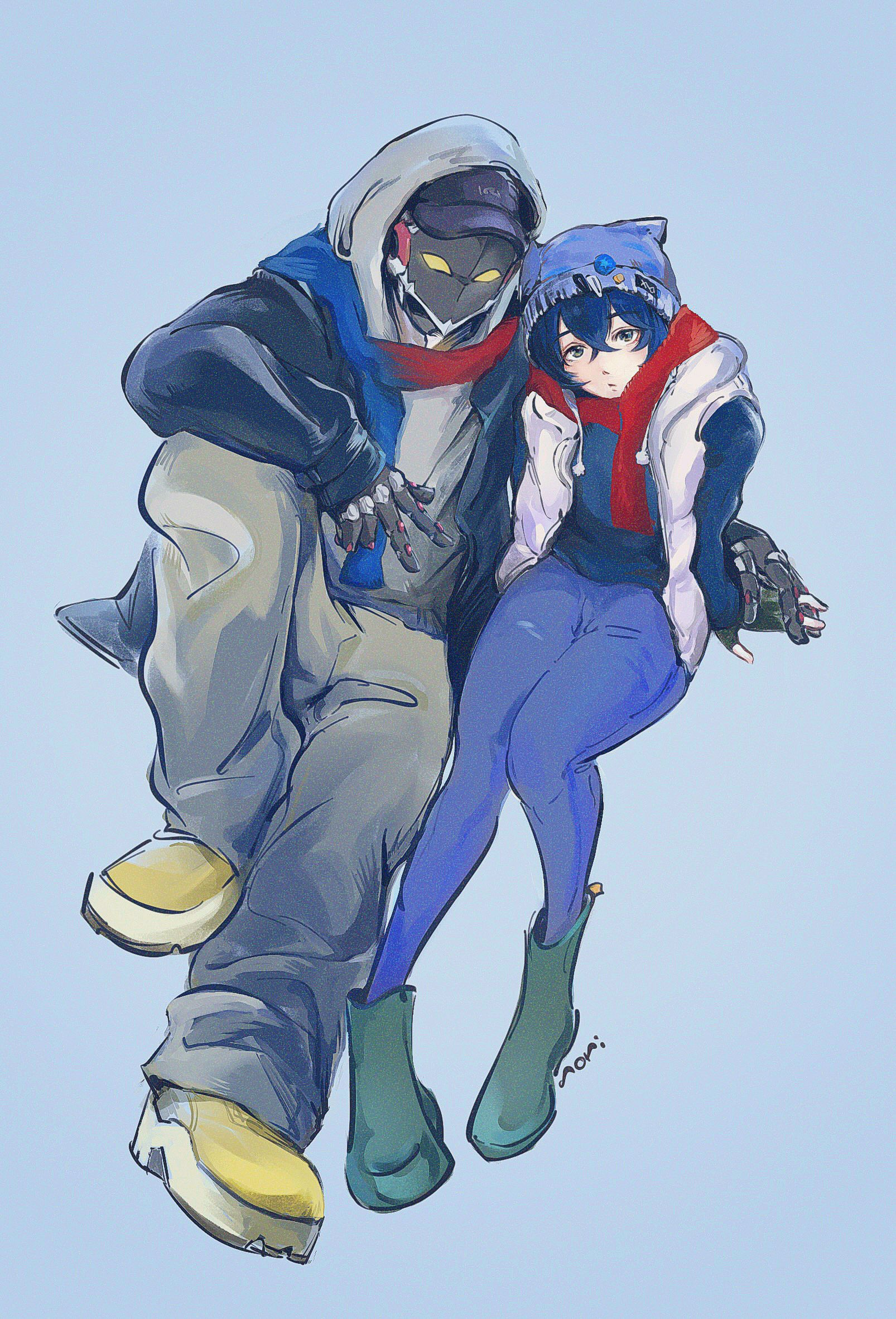 belle (zenless zone zero), billy kid, zenless zone zero, commentary request, highres, 1boy, 1girl, alternate costume, baseball cap, beanie, black jacket, blue background, blue hair, blue hat, blue pants, blue shirt, clothed robot, crossed bangs, full body, green eyes, green shoes, grey pants, hair between eyes, hat, hood, hood up, hoodie, humanoid robot, jacket, looking at viewer, norisuke (stornyans), official alternate costume, open clothes, open mouth, pants, pom pom (clothes), red scarf, robot, robot boy, scarf, shirt, shoes, short hair, sitting, sleeveless, sleeveless jacket, w, white hoodie, white jacket, yellow shoes