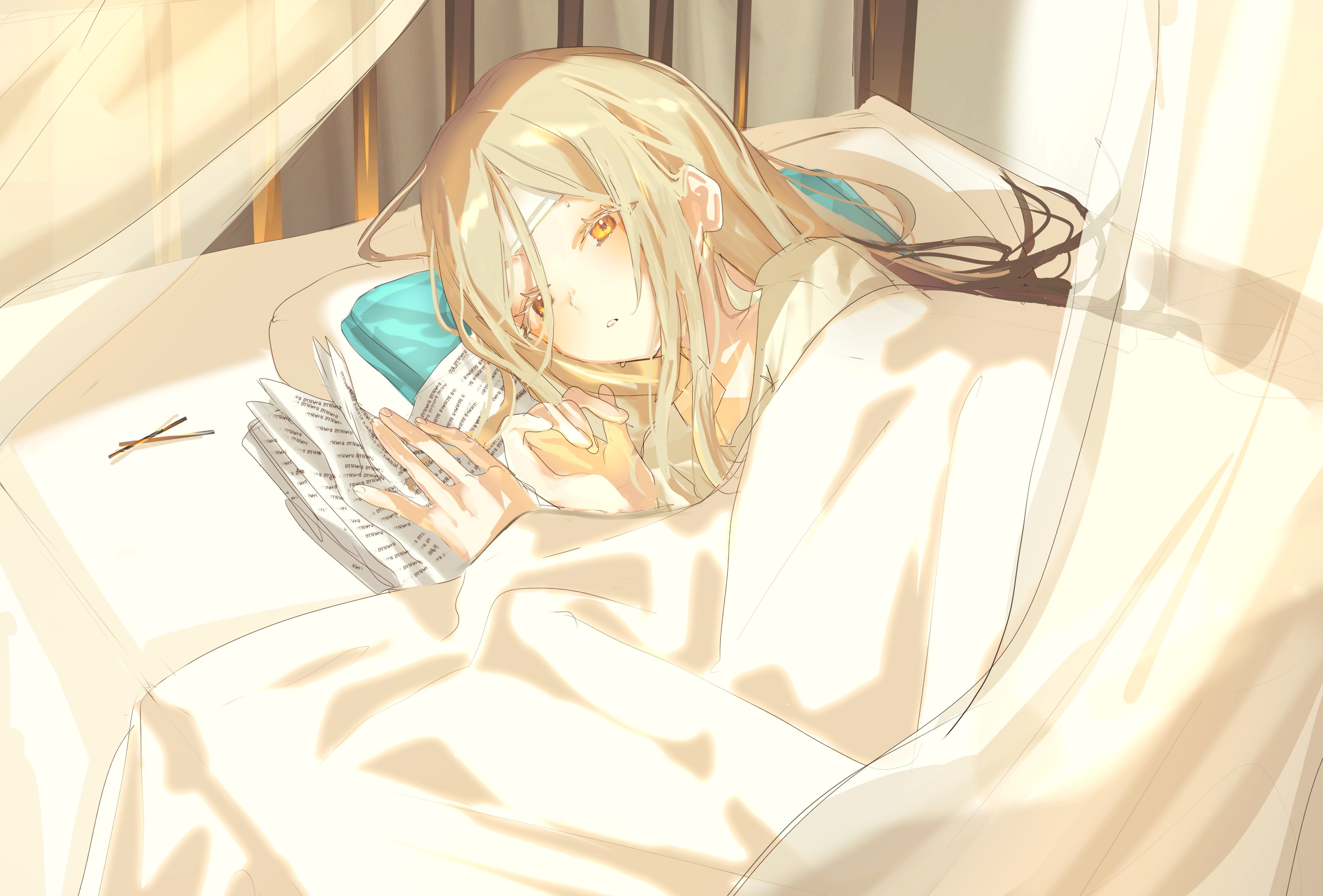 jio (baku zugogo), shinosawa hiro, gakuen idolmaster, idolmaster, absurdres, highres, 1girl, bed, bed sheet, blonde hair, blush, cold pack, colored eyelashes, curtains, gradient hair, grey hair, indoors, long hair, looking at viewer, lying, multicolored hair, notebook, on bed, on side, orange eyes, parted lips, pillow, shirt, sick, solo, under covers, upper body, white shirt