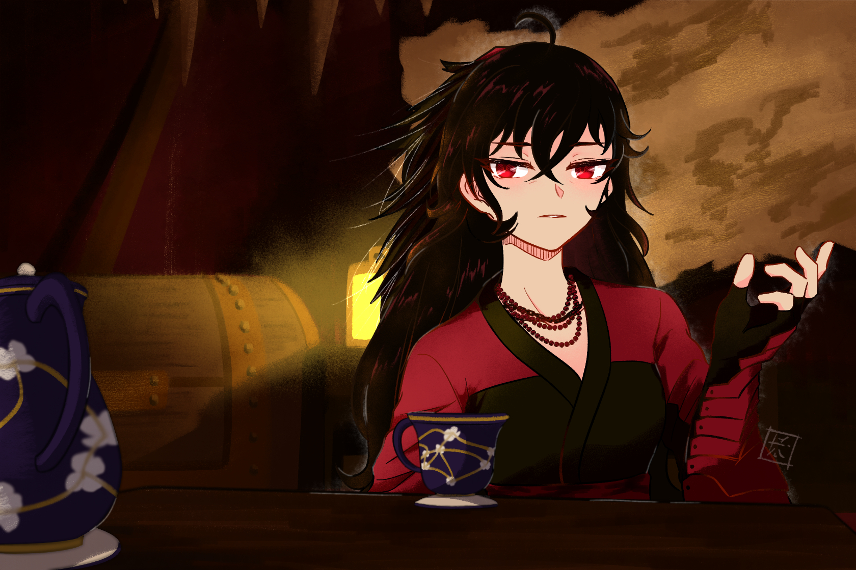 kyrus hiki, raven branwen, rwby, commentary, derivative work, english commentary, highres, screenshot redraw, 1girl, ahoge, arm guards, black hair, cup, fingerless gloves, gloves, hair between eyes, hand up, japanese clothes, jewelry, kimono, light blush, long hair, multiple necklaces, necklace, red eyes, red kimono, signature, table, teacup, treasure chest