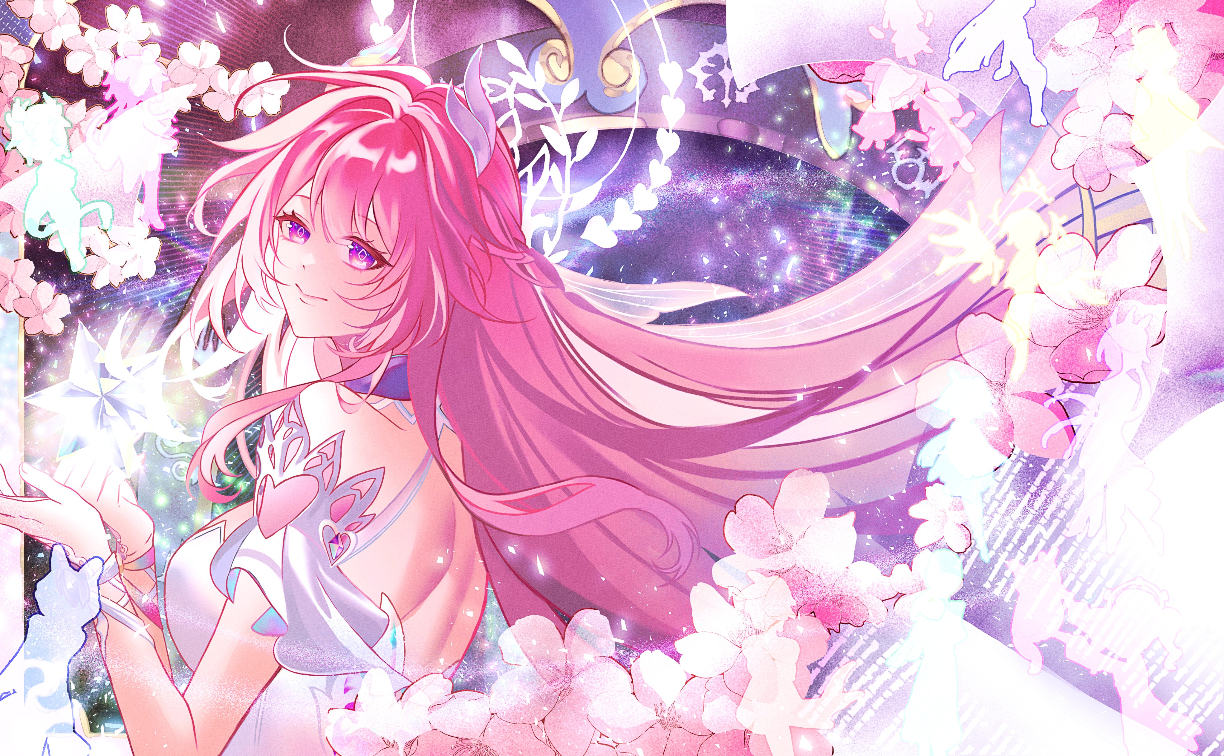 cyrene (demiurge) (honkai: star rail), cyrene (honkai: star rail), honkai: star rail, honkai (series), absurdres, commentary, highres, symbol-only commentary, 1girl, back, breasts, crystal flower, diamond-shaped pupils, diamond (shape), dress, from side, halo, large breasts, long hair, looking at viewer, pink hair, purple eyes, smile, solo, symbol-shaped pupils, very long hair, white dress, zen o3