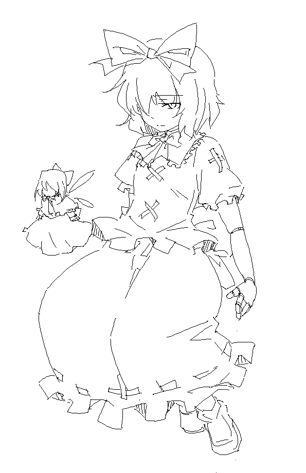 lysander z, medicine melancholy, su-san, touhou, 2girls, bow, doll, doll joints, female focus, full body, greyscale, hair bow, joints, monochrome, multiple girls, oekaki, short hair, simple background, sketch, solo