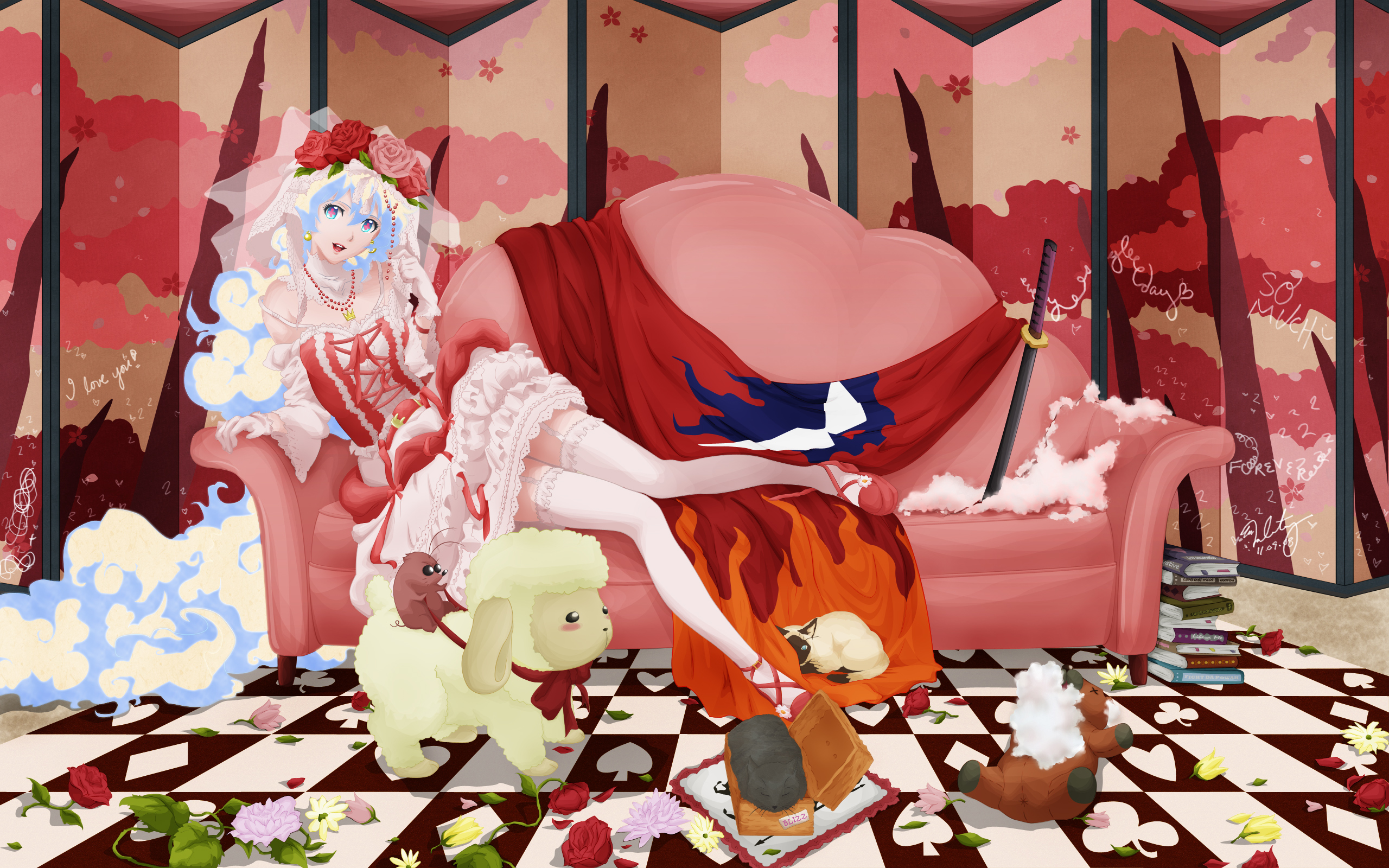 boota (ttgl), nia teppelin, tengen toppa gurren lagann, derivative work, highres, + +, 00s, 1girl, book, cape, cat, corset, couch, cross-shaped pupils, dress, female focus, flower, frills, garter belt, gloves, jewelry, lipstick, lolita fashion, long hair, lying, makeup, multicolored hair, pink dress, pink theme, pink upholstery, ribbon, solo, stuffed animal, stuffed toy, sword, symbol-shaped pupils, thighhighs, two-tone hair, veil, very long hair, weapon