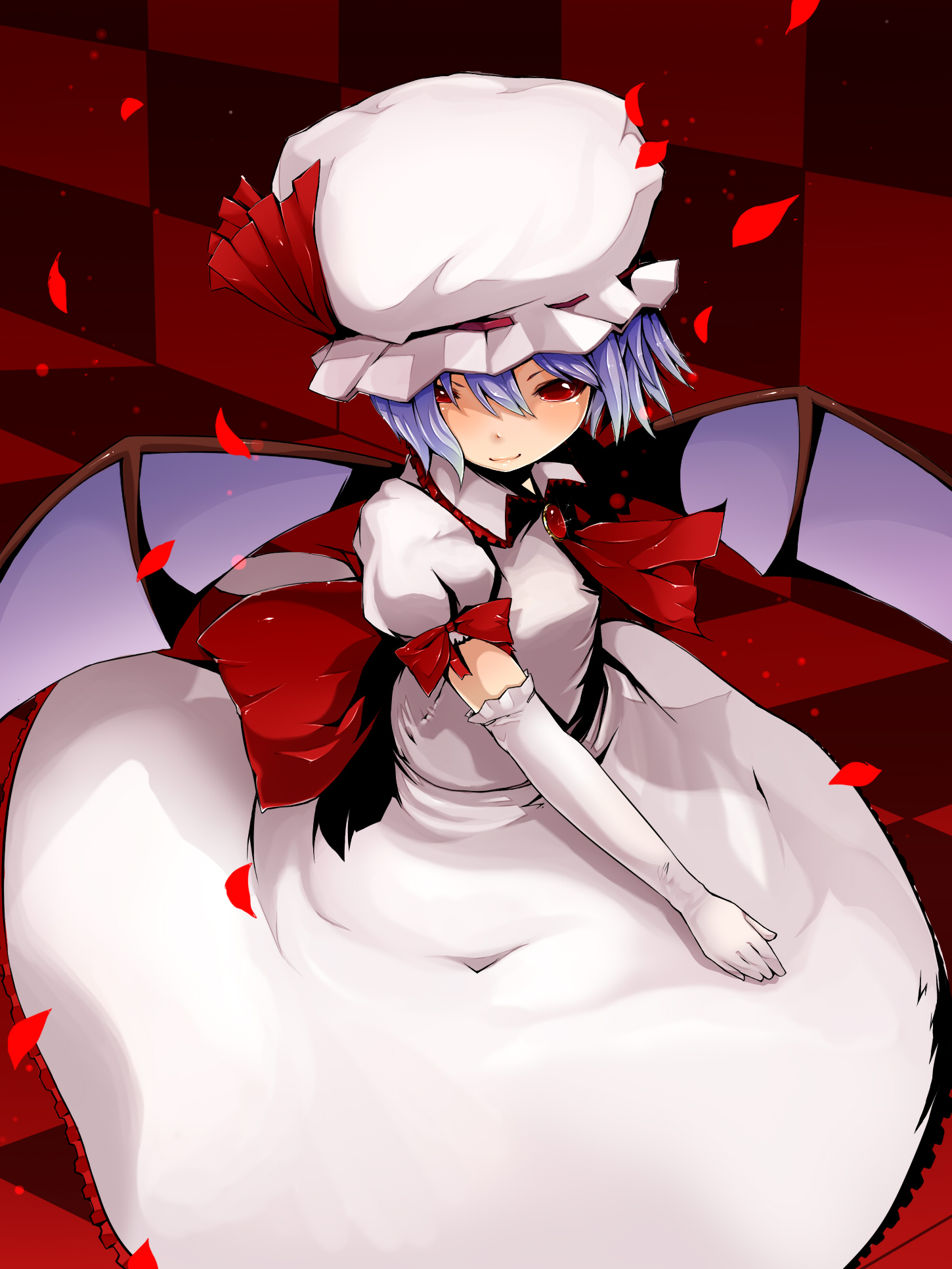 moshio, mosho, remilia scarlet, touhou, highres, 1girl, bat wings, blue hair, elbow gloves, female focus, gloves, hat, red eyes, ribbon, short hair, solo, wings