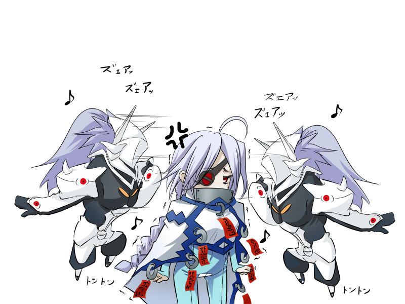 hatsuka, hakumen, nu-13, arc system works, blazblue, blazblue: calamity trigger, translation request, 1girl, ahoge, braid, eyepatch, long hair, mask, musical note, ofuda, red eyes, single braid, white hair