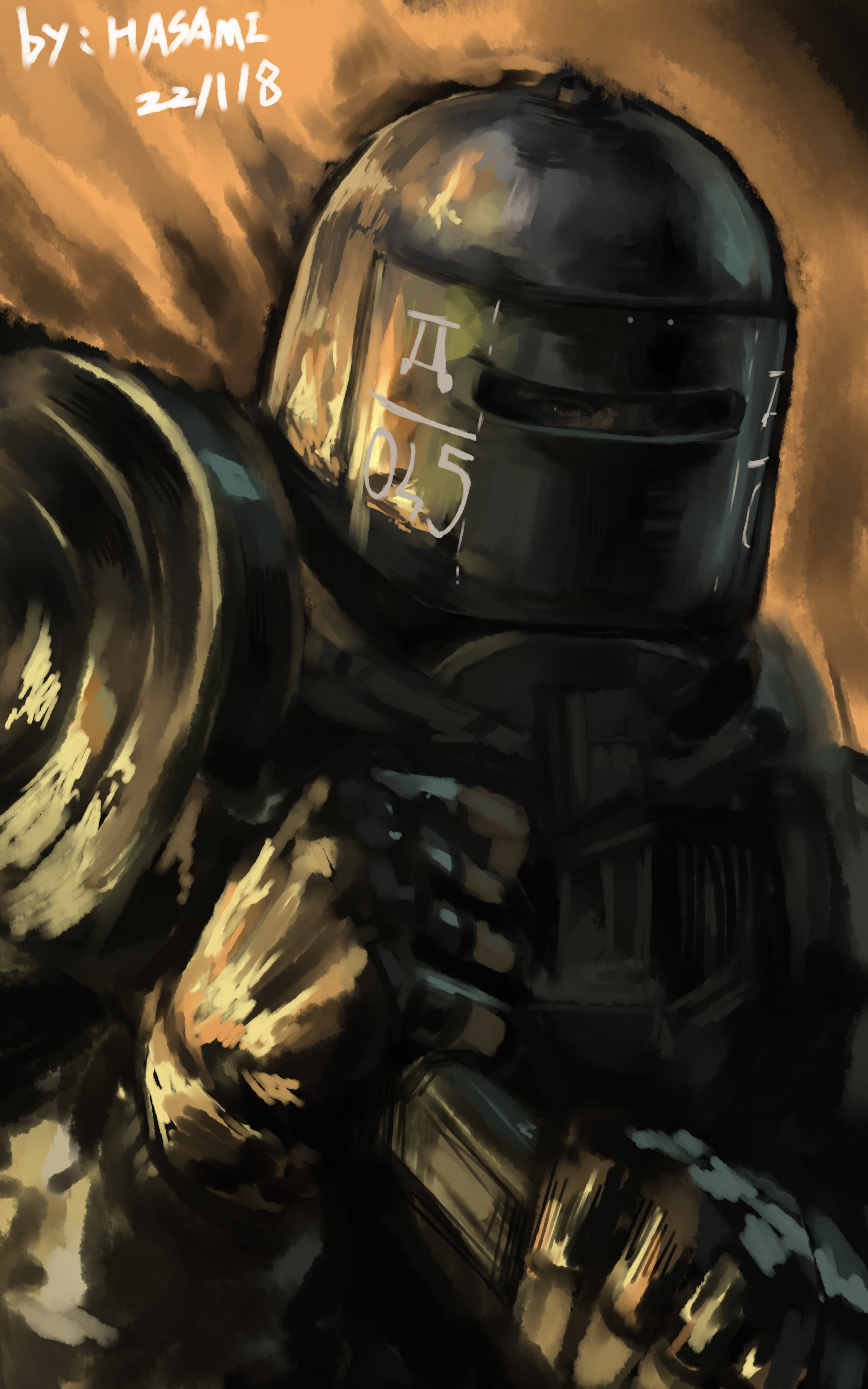 hua ha jiazi, tachanka (rainbow six siege), rainbow six siege, absurdres, commentary, highres, symbol-only commentary, 1boy, artist name, black gloves, covered face, dated, dp-27, gloves, grey eyes, gun, helmet, holding, holding gun, holding weapon, light machine gun, long sleeves, looking at viewer, machine gun, male focus, military combat uniform, military uniform, solo, upper body, weapon