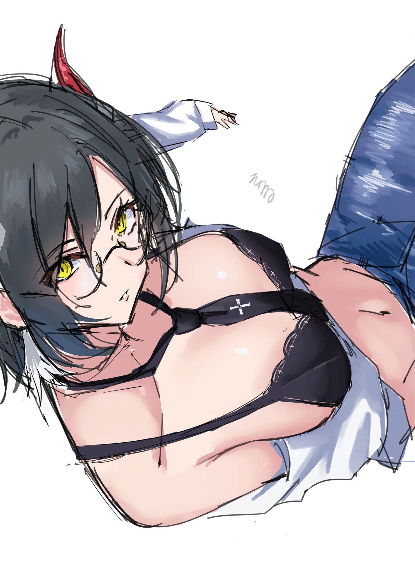 soul (dp11), ulrich von hutten (azur lane), azur lane, commentary request, highres, 1girl, black bra, black hair, black necktie, blue pants, bra, casual, cross, denim, glasses, horns, iron blood (emblem), jeans, long sleeves, looking at viewer, mechanical horns, multicolored hair, navel, necktie, pants, red horns, shirt, simple background, sitting, solo, underwear, white background, white shirt, yellow eyes
