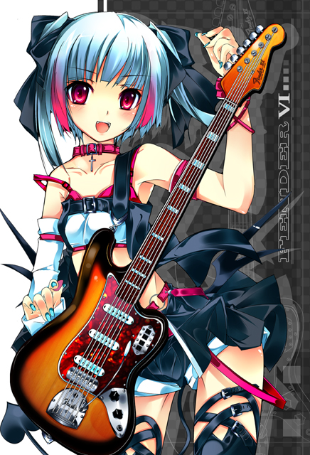 shirokitsune, 1girl, blue hair, blue nails, blush, cross, demon, female focus, guitar, instrument, jaguar (guitar), multicolored hair, nail polish, open mouth, pink hair, red eyes, ribbon, short hair, solo, tail, twintails, wings