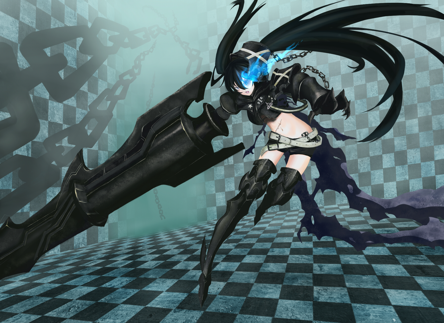 yuun, insane black rock shooter, black rock shooter, highres, 10s, 1girl, armor, belt, belt skirt, black hair, blue eyes, boots, chain, checkered floor, female focus, gauntlets, glowing, glowing eyes, greaves, huge weapon, long hair, midriff, navel, pale skin, scar, shorts, solo, stitches, thigh boots, thighhighs, twintails, weapon